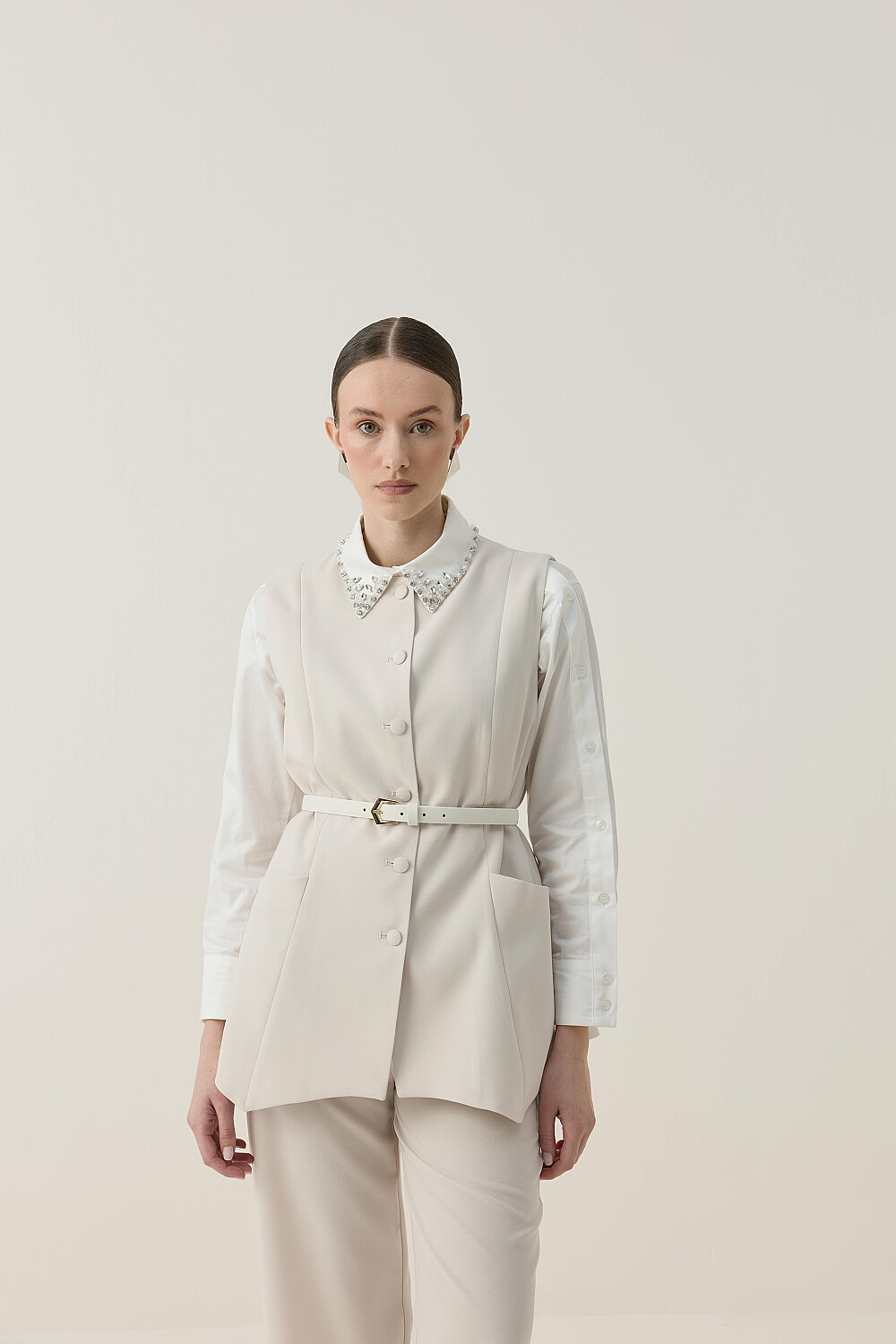 ASİMETRİK YELEK TAKIM BEJ - 2