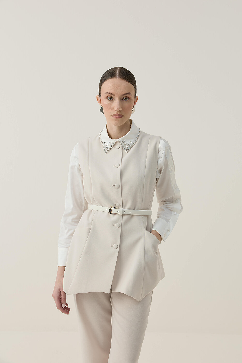 ASİMETRİK YELEK TAKIM BEJ - 3