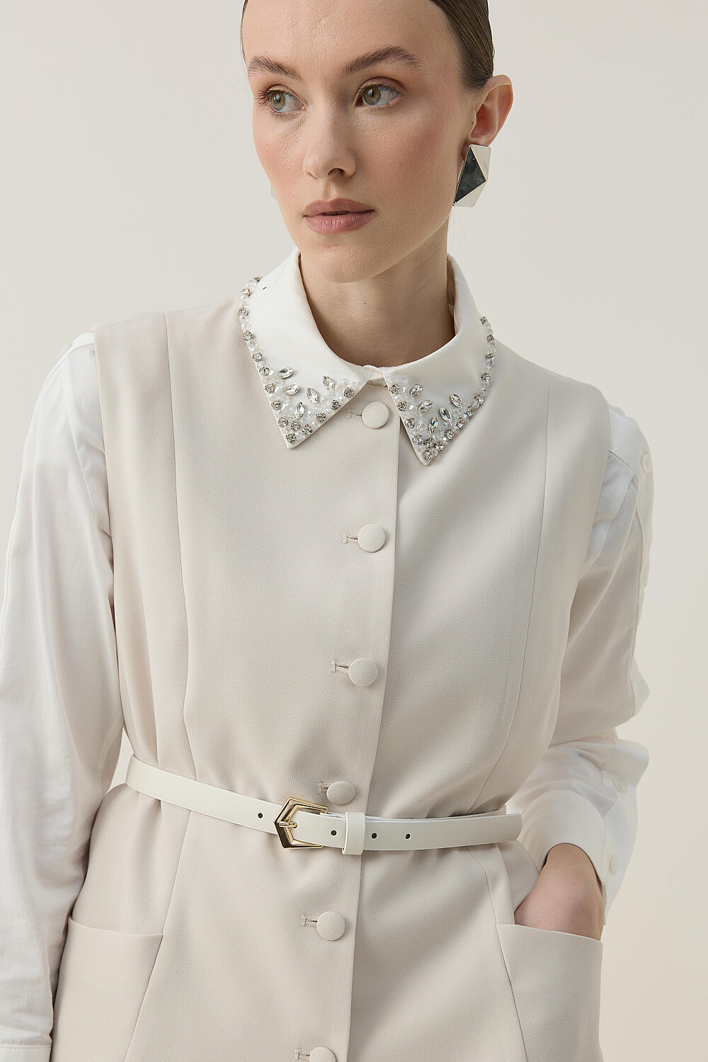 ASİMETRİK YELEK TAKIM BEJ - 7