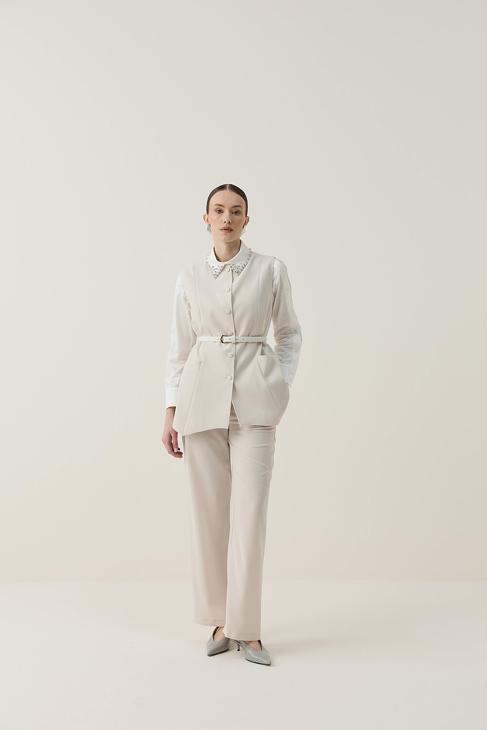 ASİMETRİK YELEK TAKIM BEJ - 8