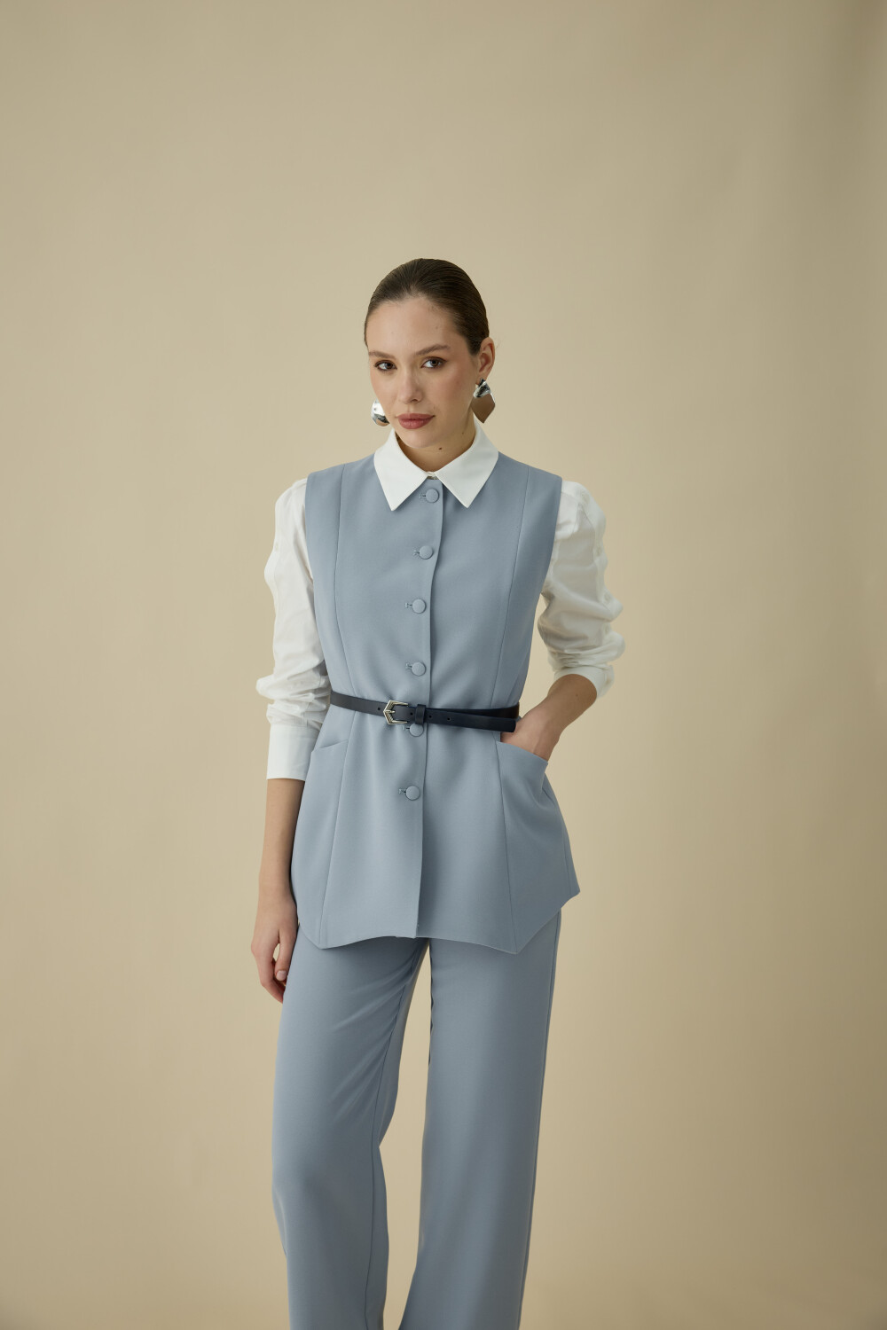 ASİMETRİK YELEK TAKIM BUZ MAVİ - 5