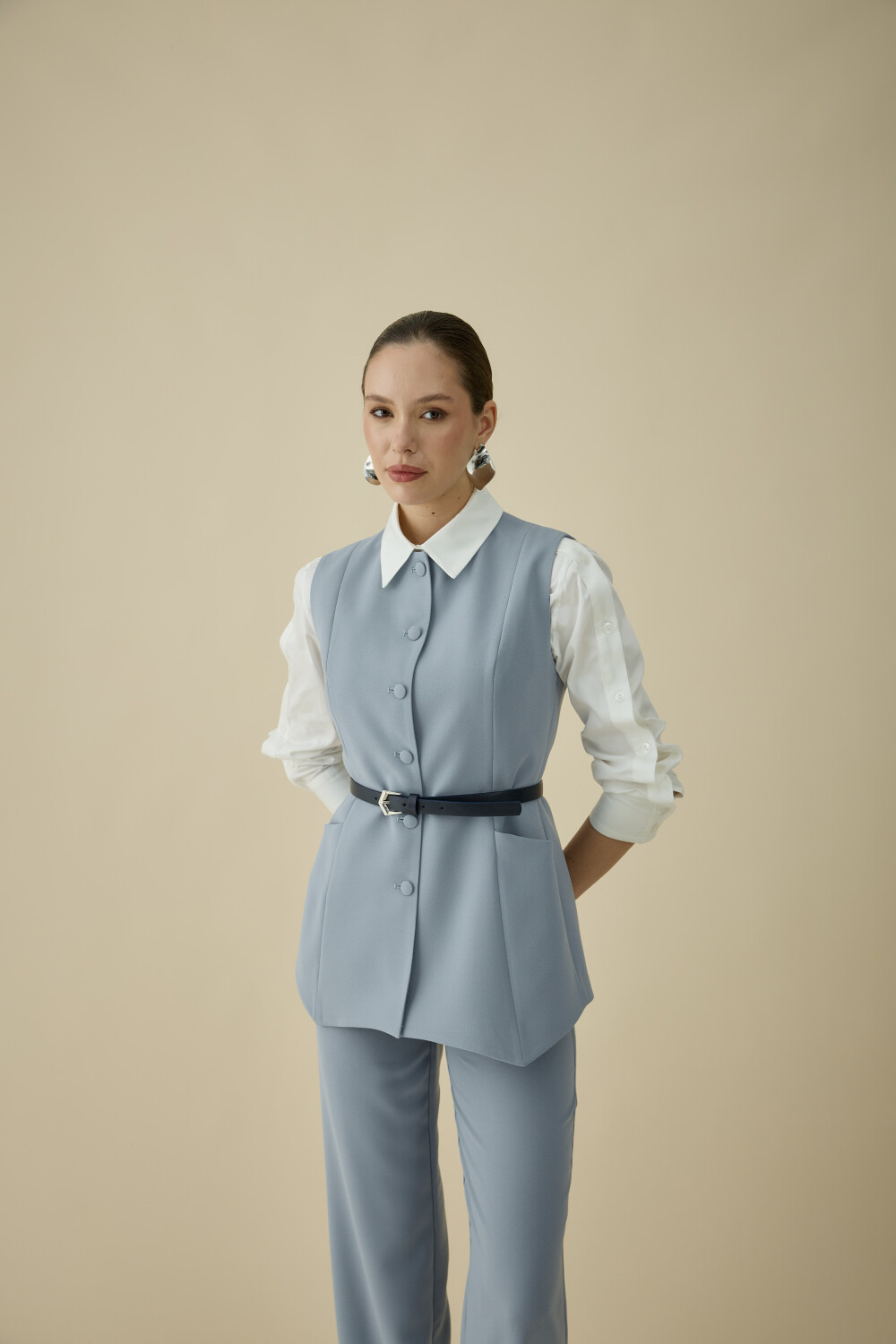 ASİMETRİK YELEK TAKIM BUZ MAVİ - 8