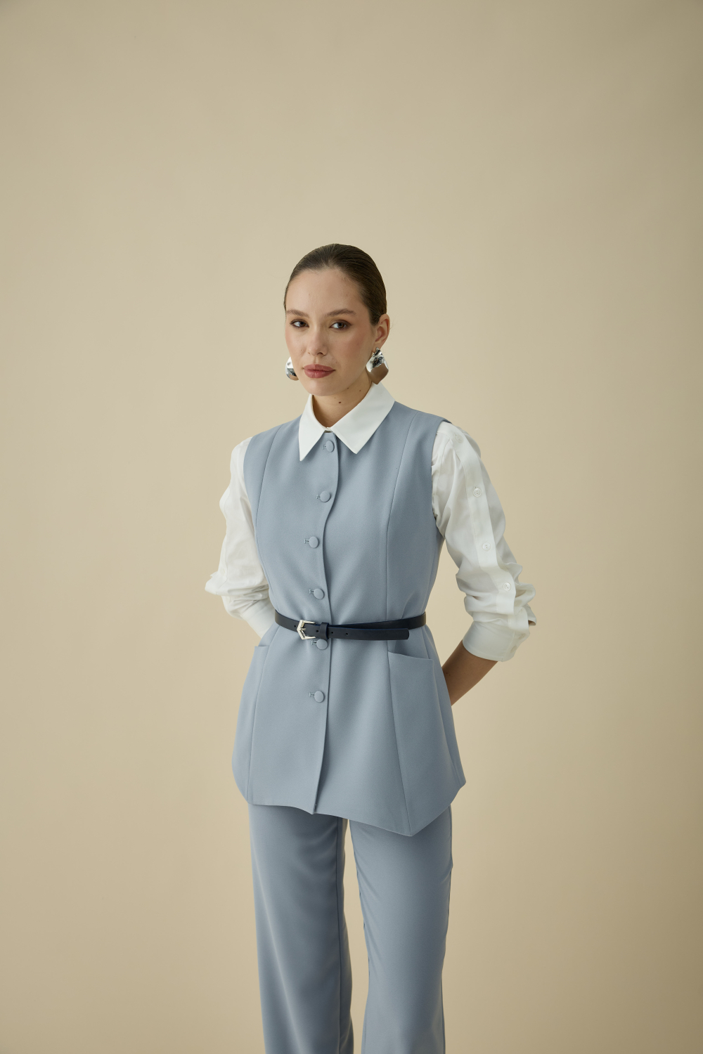 ASİMETRİK YELEK TAKIM BUZ MAVİ - 8