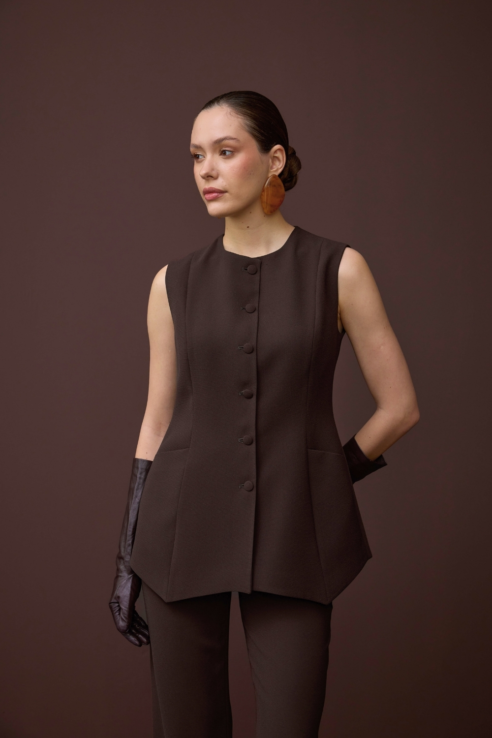 ASİMETRİK YELEK TAKIM KAHVE - 5