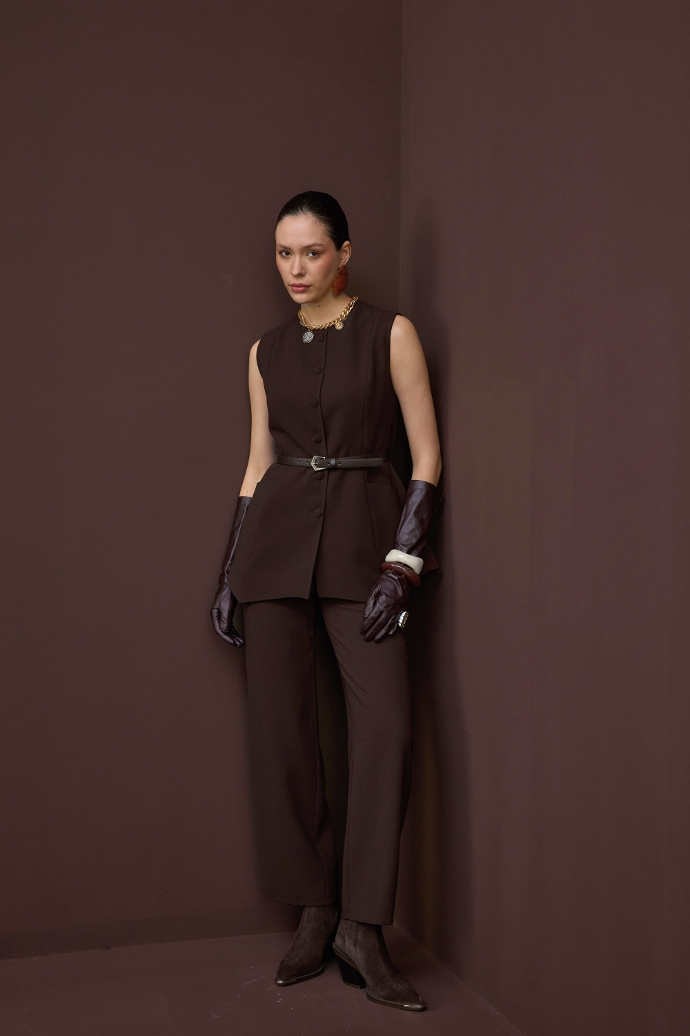 ASİMETRİK YELEK TAKIM KAHVE - 1