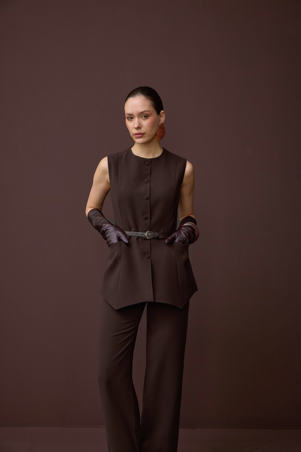 ASİMETRİK YELEK TAKIM KAHVE - 7