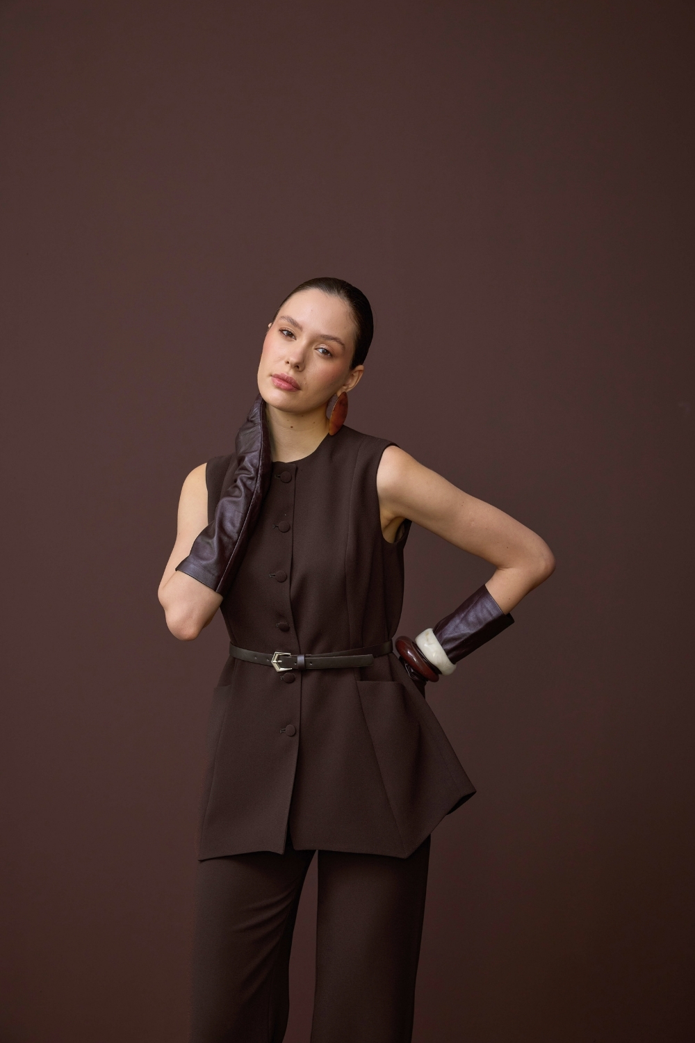 ASİMETRİK YELEK TAKIM KAHVE - 9