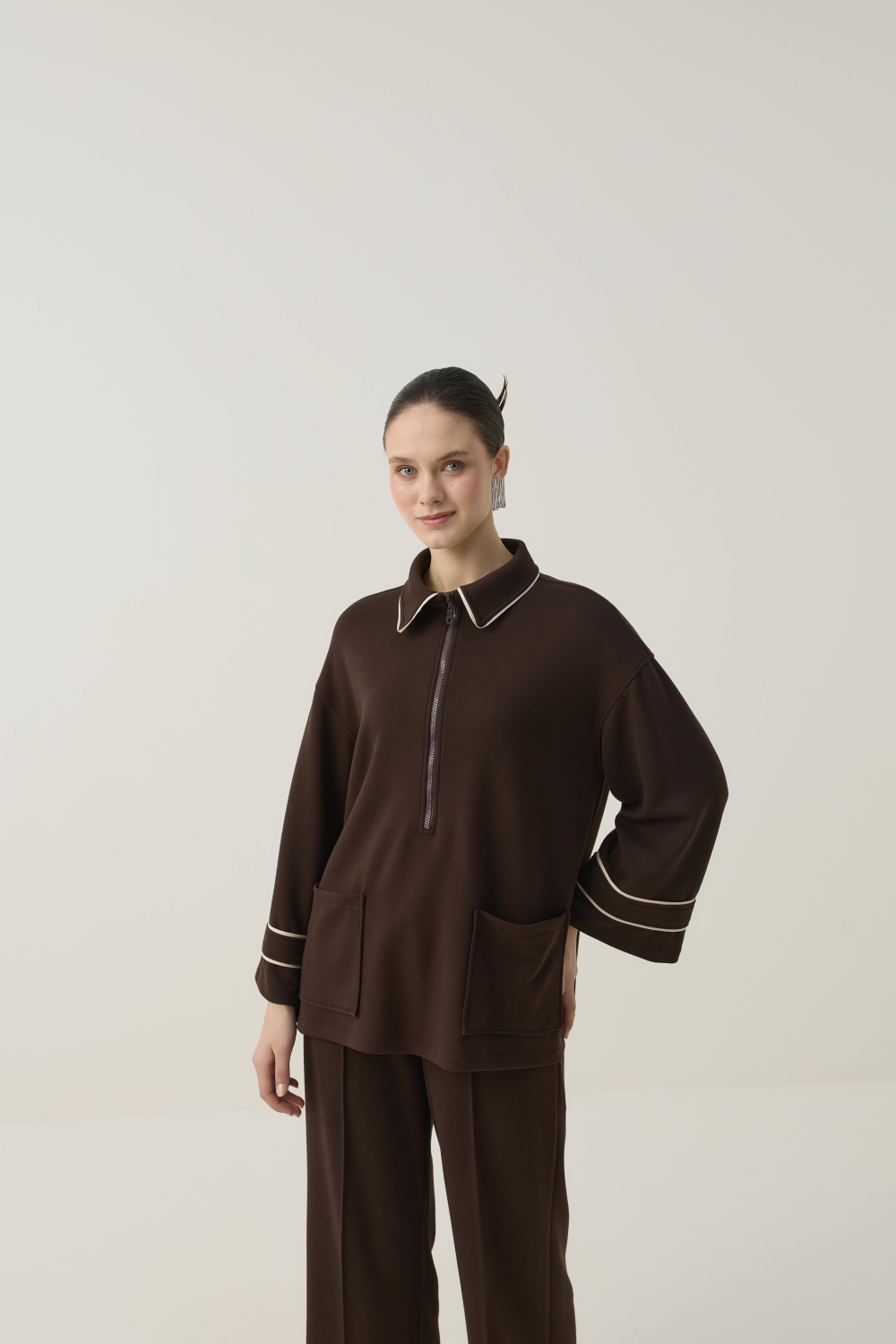 BİTKİSEL İPEK KUMAŞLI BİYE DETAYLI SCUBA TAKIM KAHVE - 6