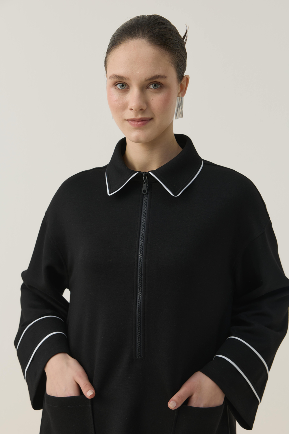 BİTKİSEL İPEK KUMAŞLI BİYE DETAYLI SCUBA TAKIM SİYAH - 3