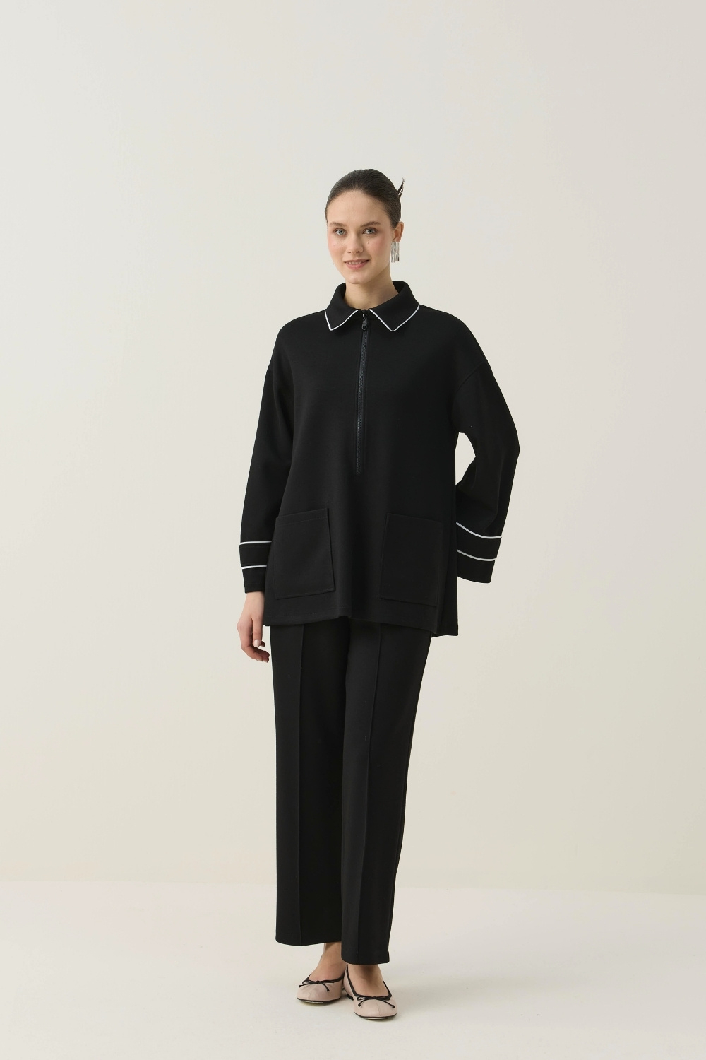 BİTKİSEL İPEK KUMAŞLI BİYE DETAYLI SCUBA TAKIM SİYAH - 1