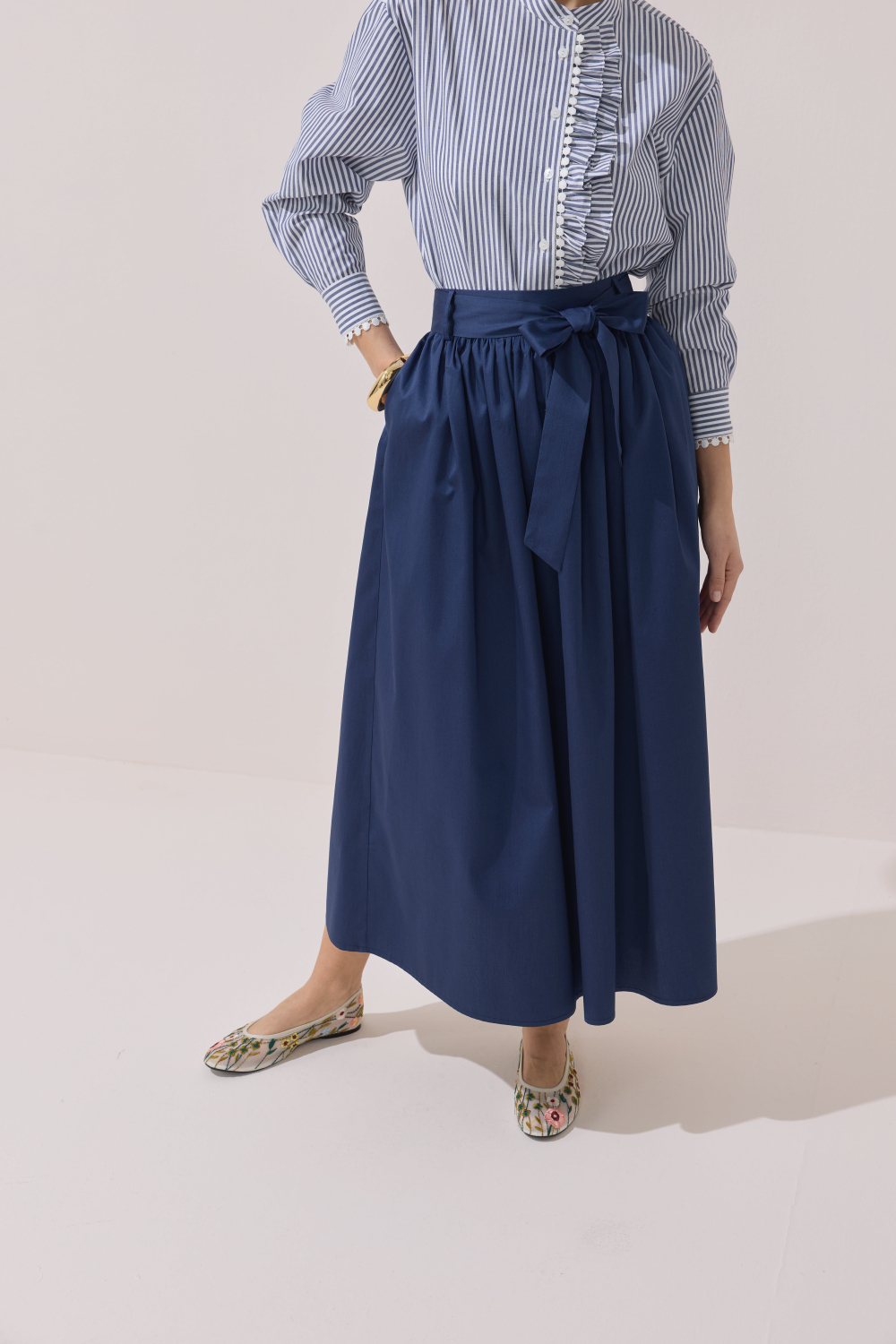 BÜZGÜLÜ POPLİN ETEK LACİVERT - 2