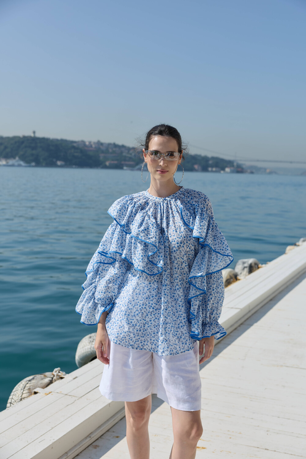 ÇİÇEK DESENLİ BLUZ MAVİ - 8