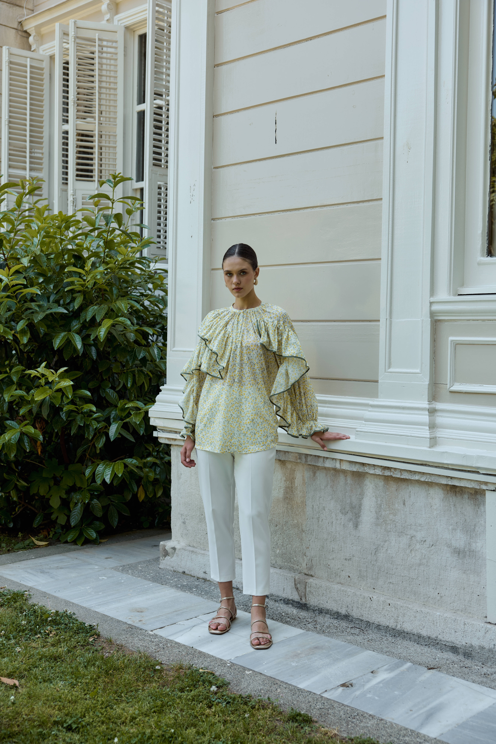 ÇİÇEK DESENLİ PAMUK BLUZ SARI - 7