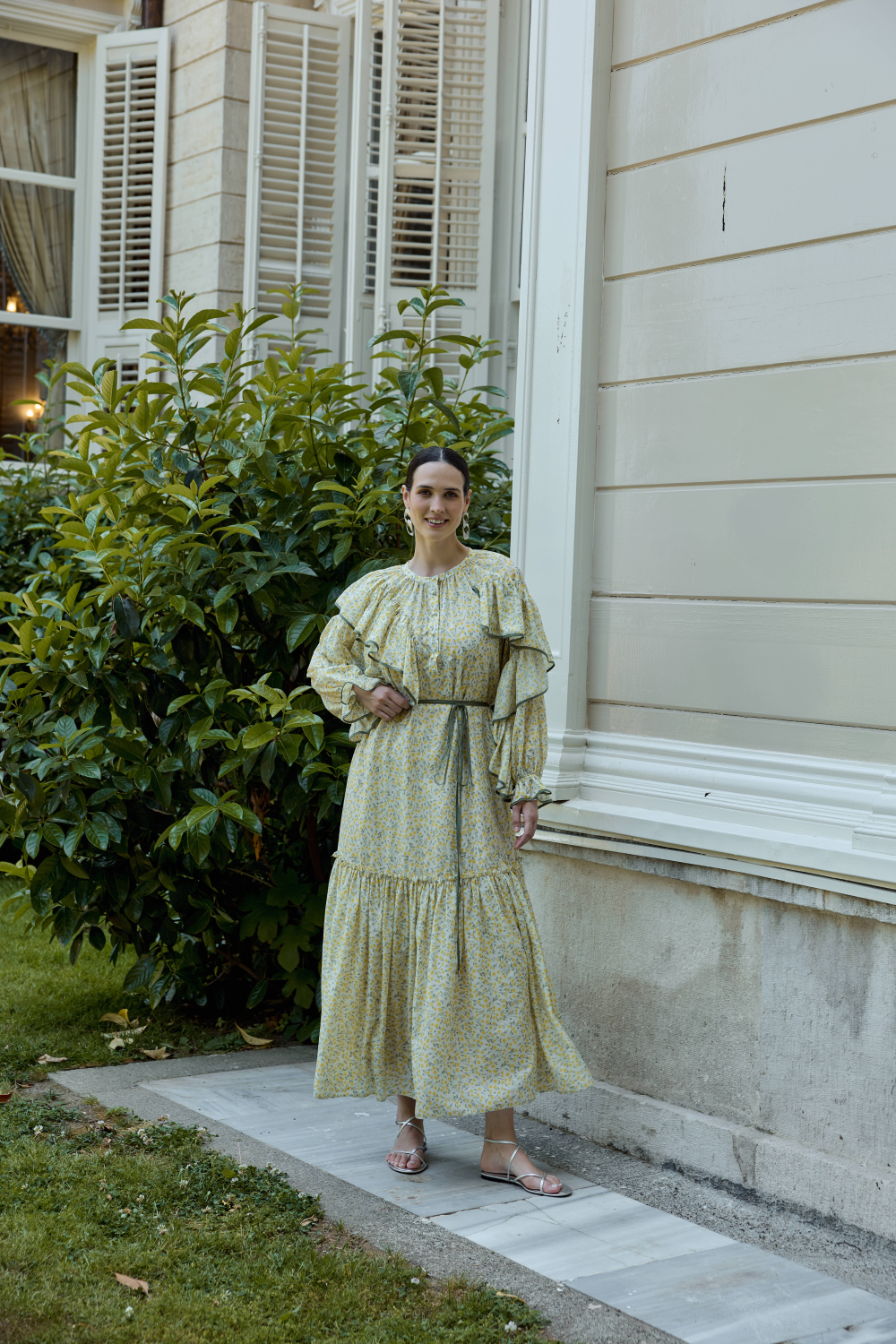 ÇİÇEK DESENLİ PAMUK ELBİSE SARI - 7