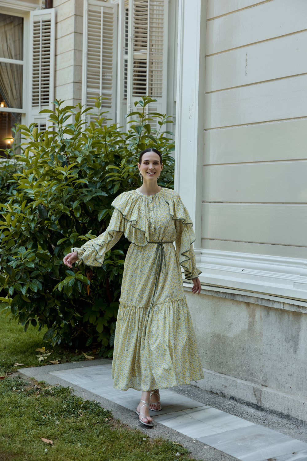 ÇİÇEK DESENLİ PAMUK ELBİSE SARI - 8