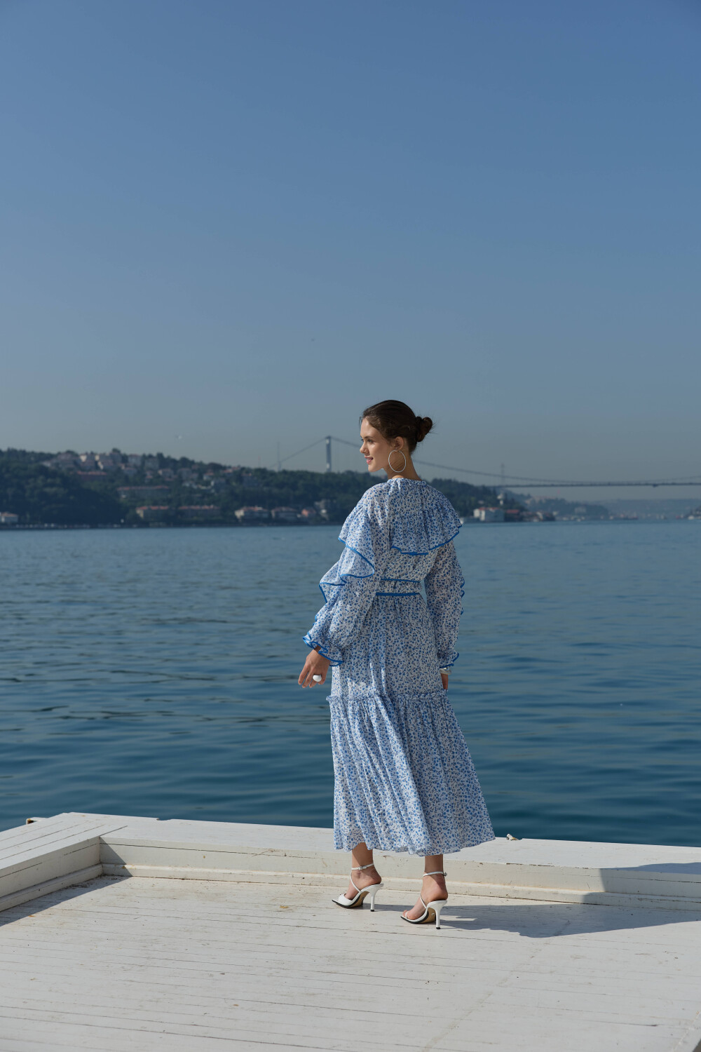 ÇİÇEK DESENLİ ELBİSE MAVİ - 5