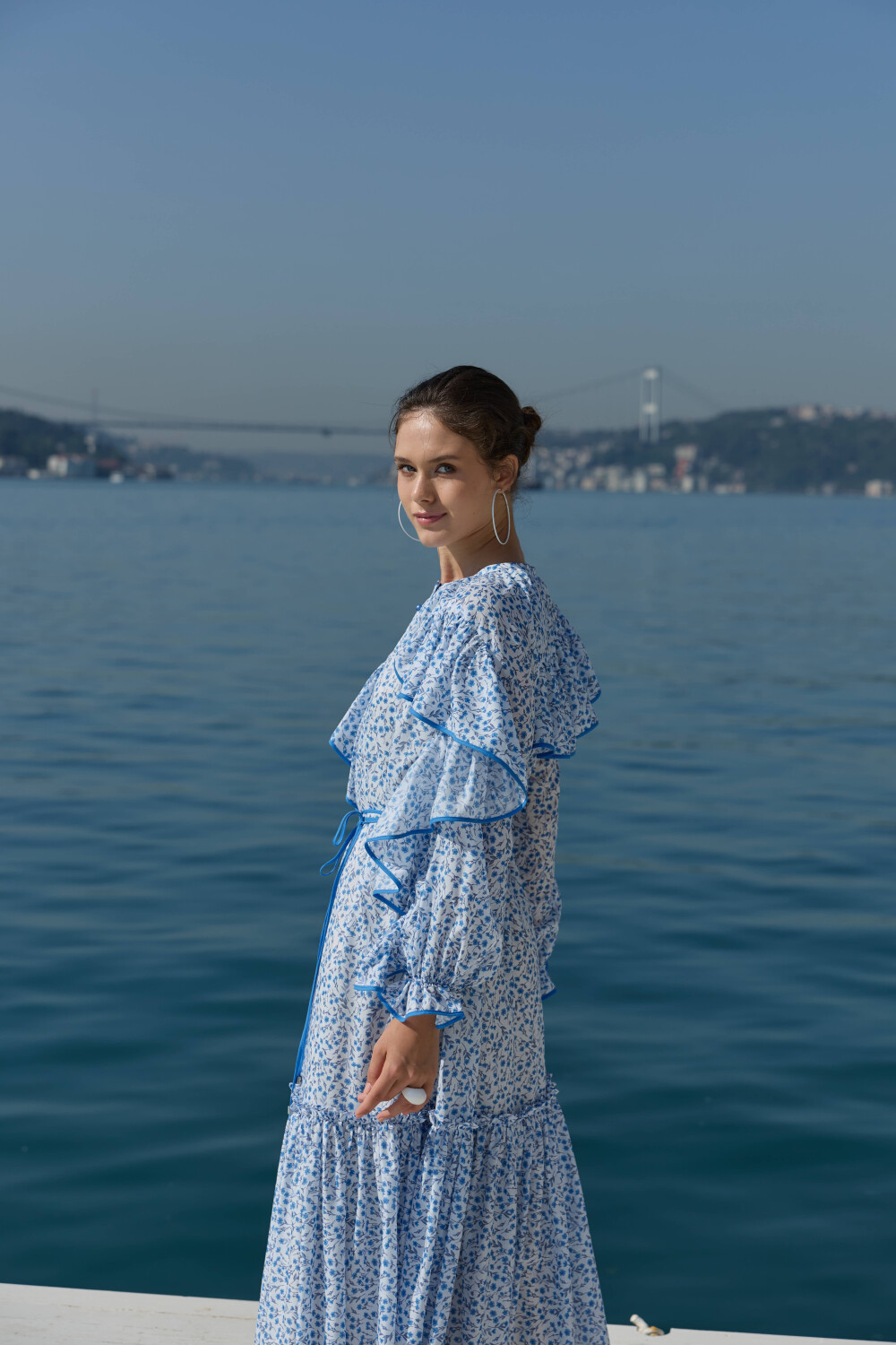 ÇİÇEK DESENLİ ELBİSE MAVİ - 6