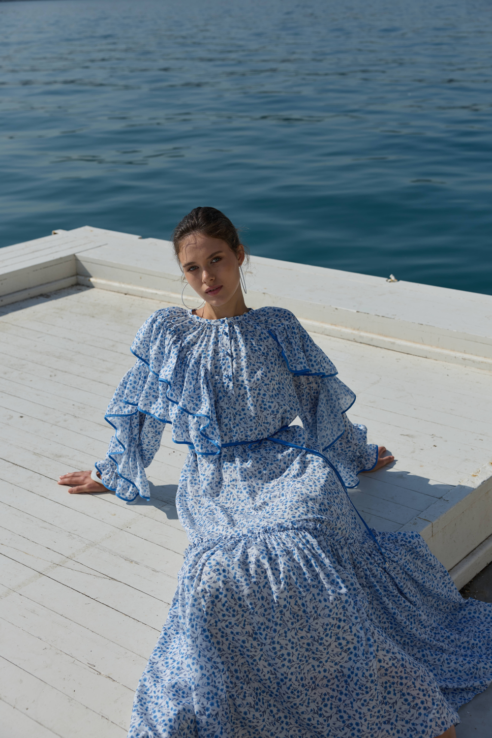 ÇİÇEK DESENLİ ELBİSE MAVİ - 7