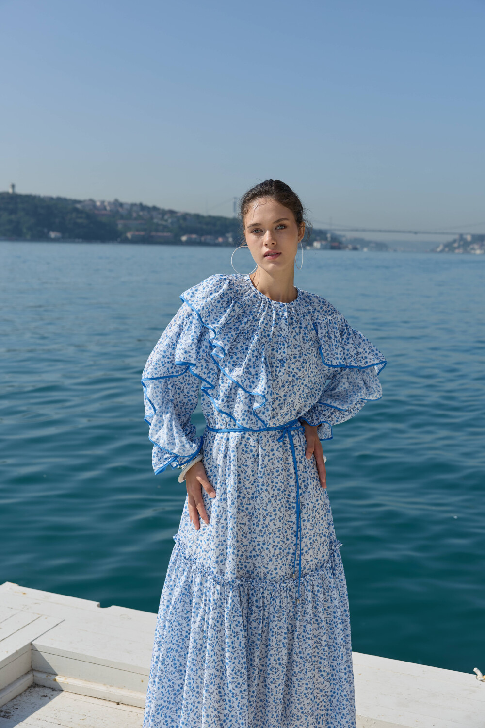 ÇİÇEK DESENLİ ELBİSE MAVİ - 2