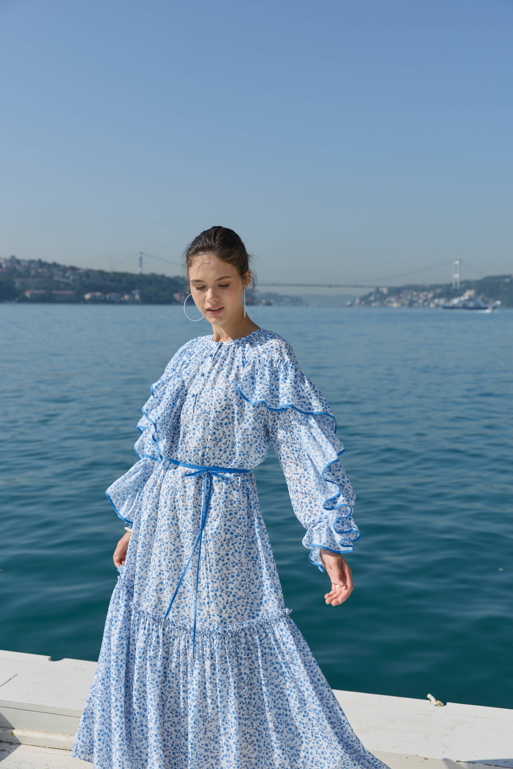 ÇİÇEK DESENLİ ELBİSE MAVİ - 1