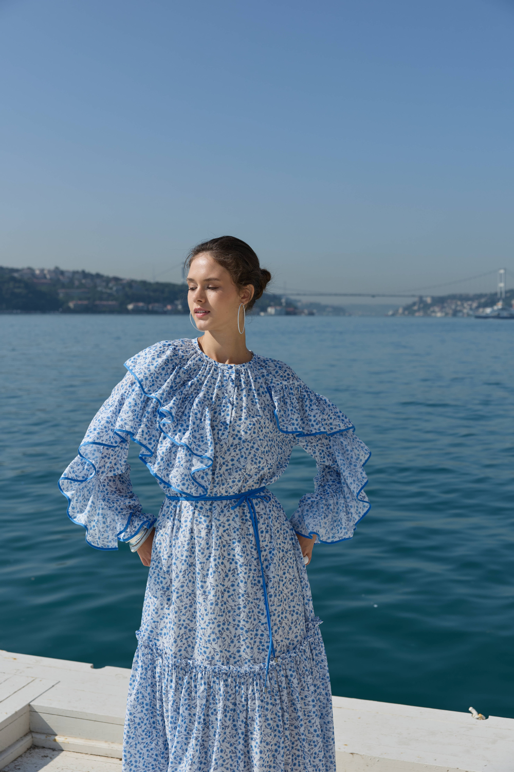 ÇİÇEK DESENLİ ELBİSE MAVİ - 8