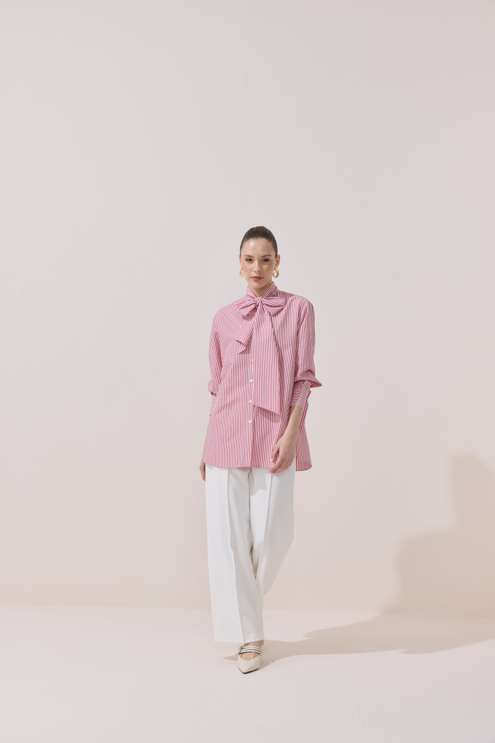 ÇİZGİLİ FULARLI GÖMLEK KIRMIZI - 4