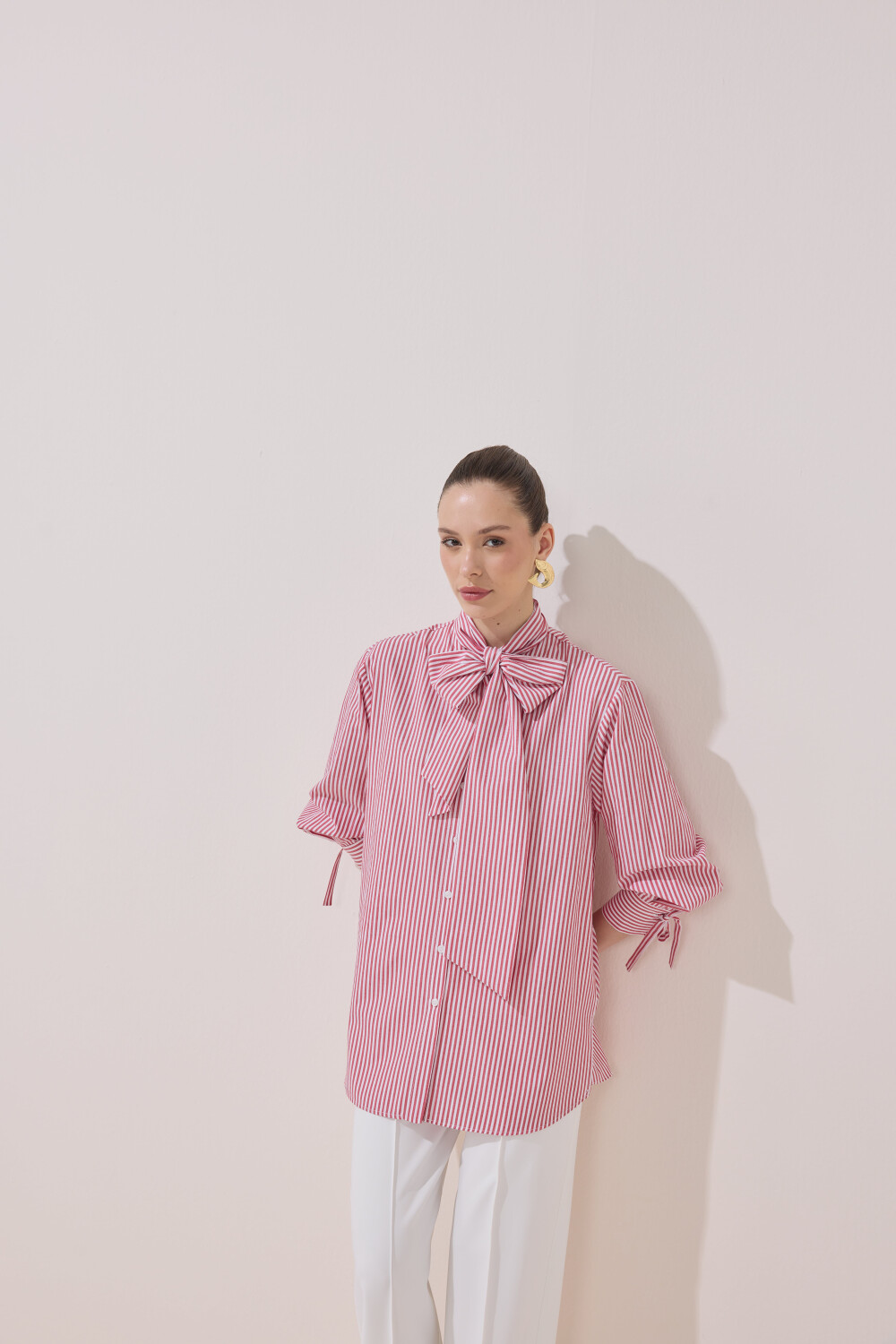 ÇİZGİLİ FULARLI GÖMLEK KIRMIZI - 6