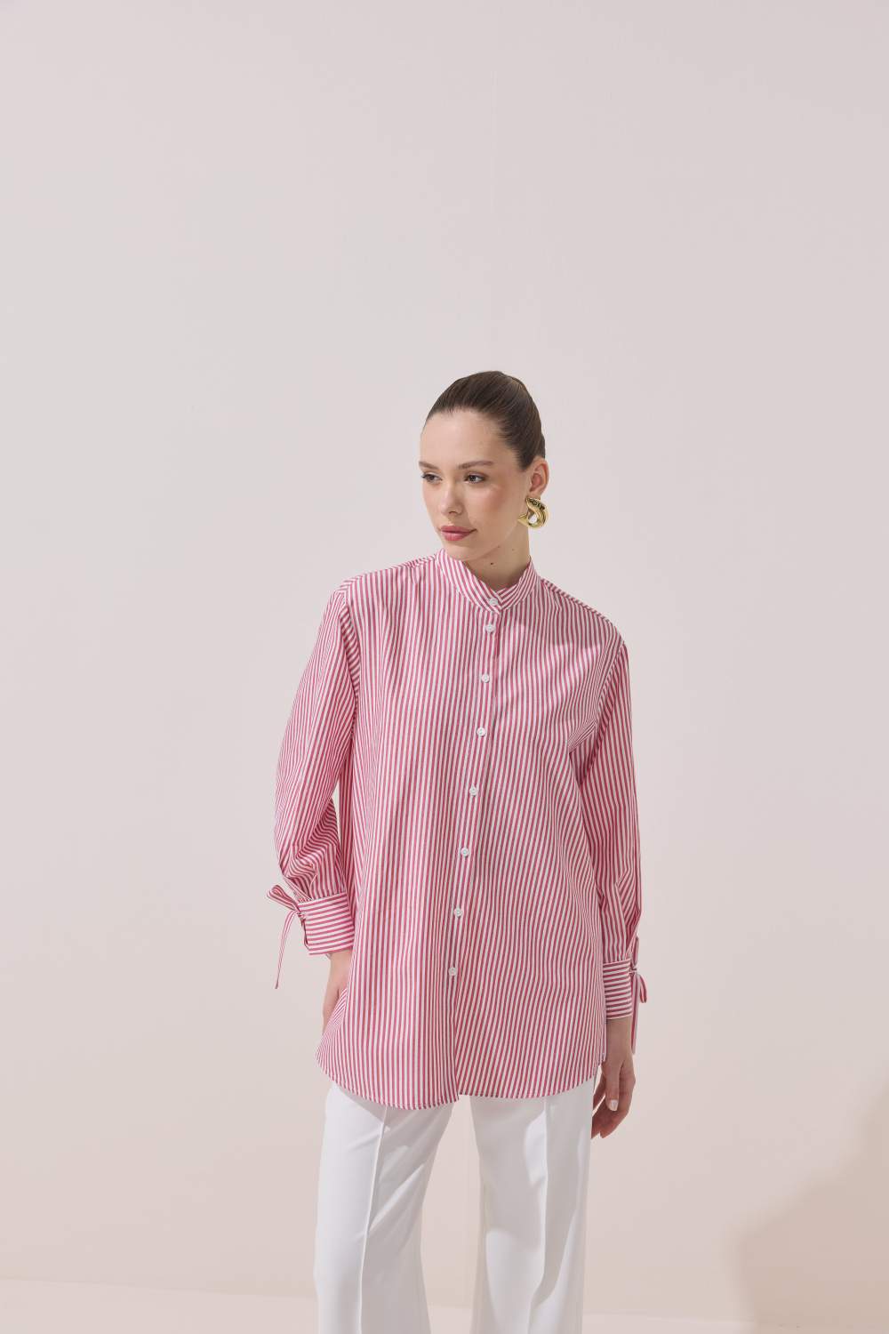 ÇİZGİLİ FULARLI GÖMLEK KIRMIZI - 12