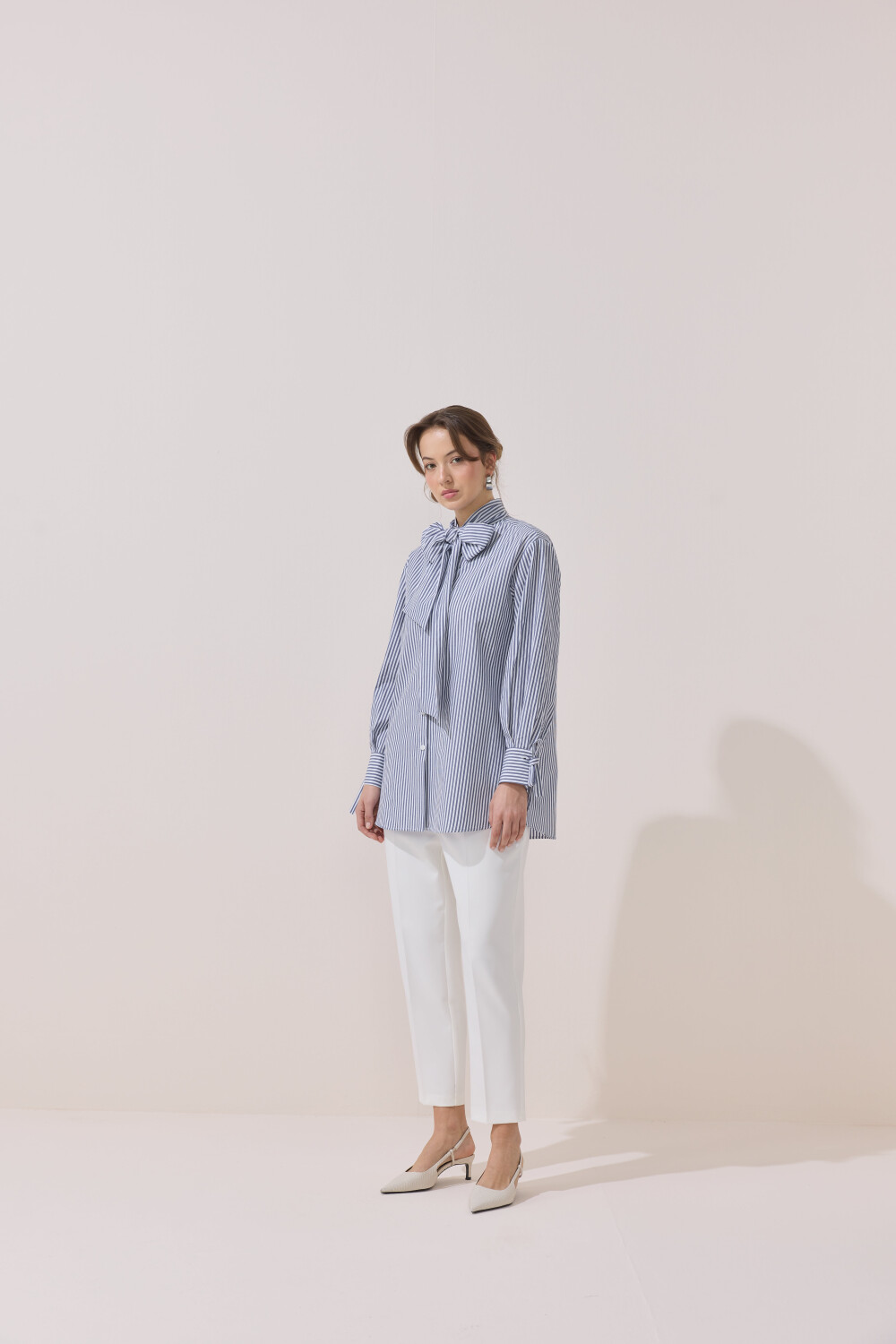 ÇİZGİLİ FULARLI GÖMLEK MAVİ - 4