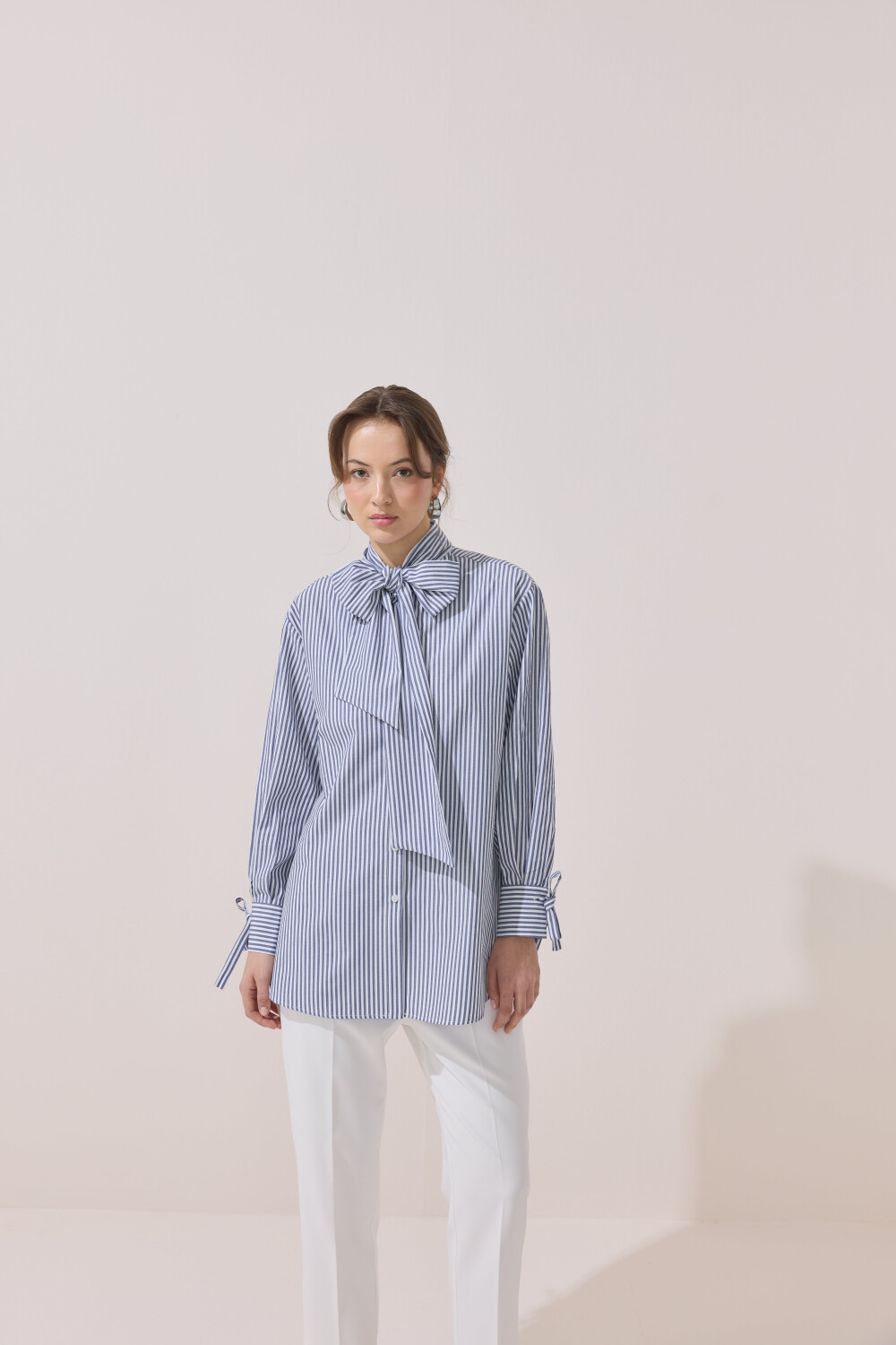 ÇİZGİLİ FULARLI GÖMLEK MAVİ - 5