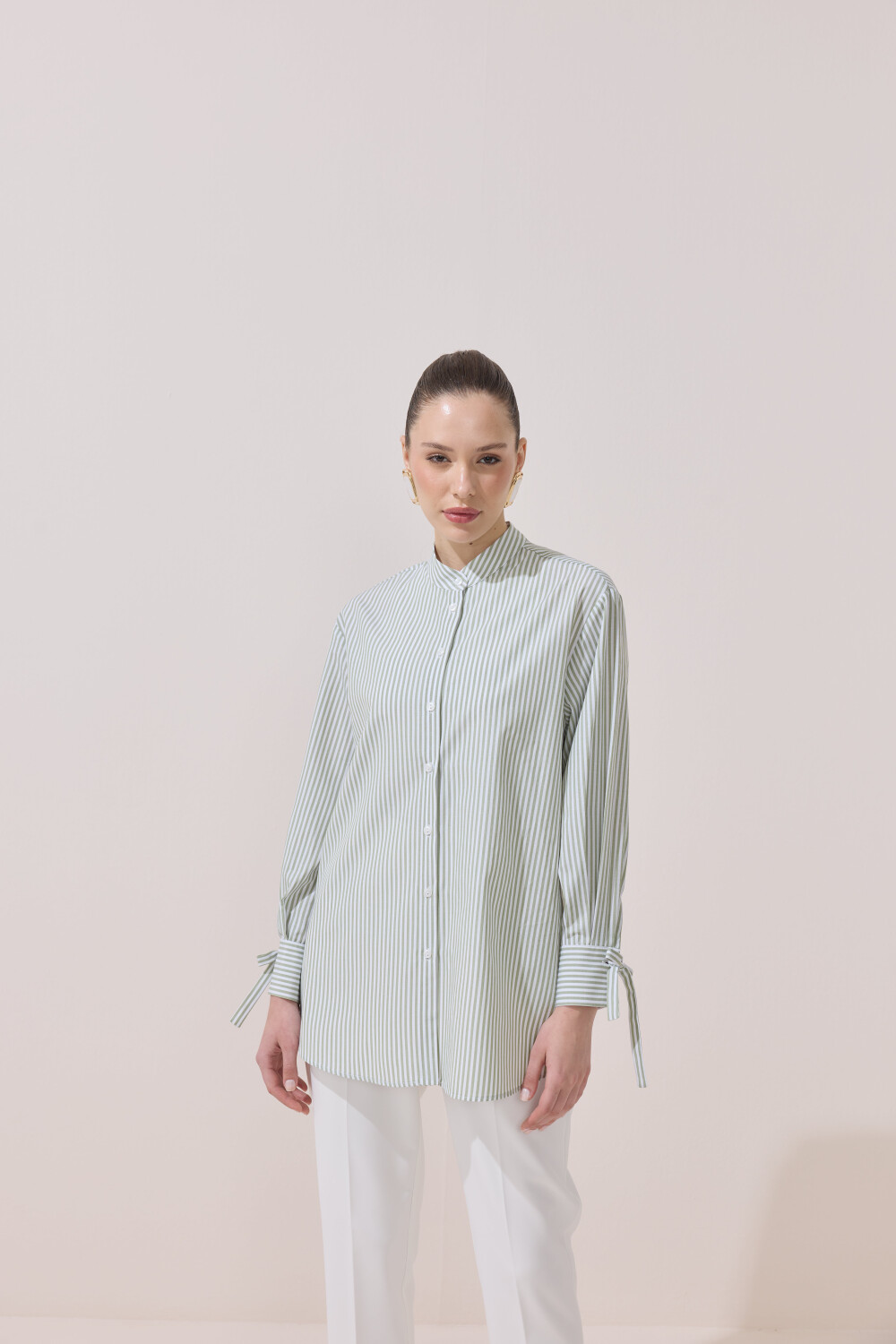 ÇİZGİLİ FULARLI GÖMLEK YEŞİL - 6