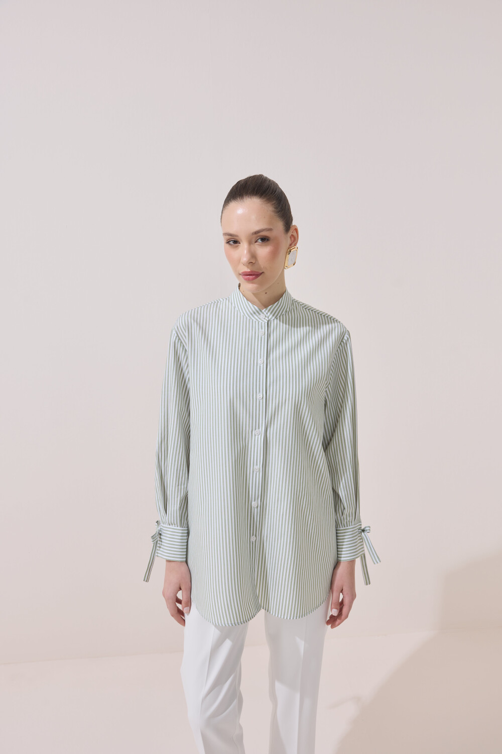 ÇİZGİLİ FULARLI GÖMLEK YEŞİL - 7