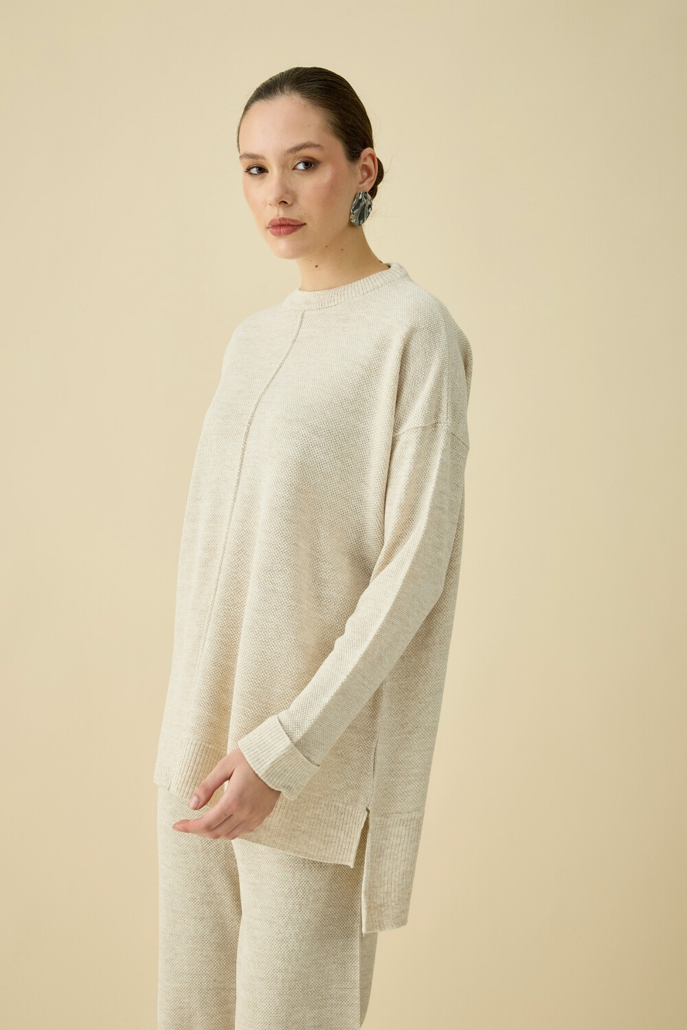 ÇİZGİLİ TRİKO TAKIM BEJ - 