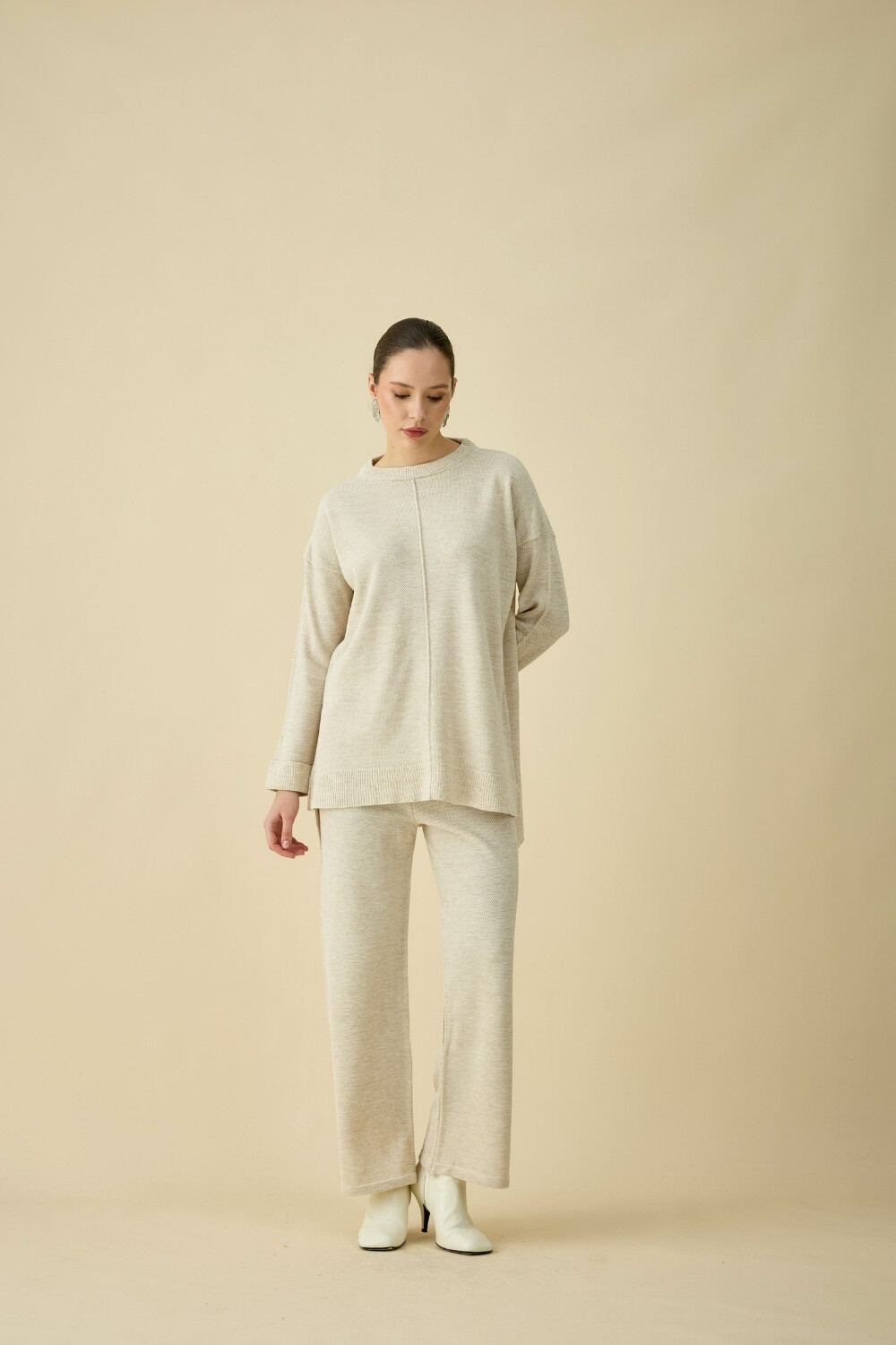 ÇİZGİLİ TRİKO TAKIM BEJ - 5