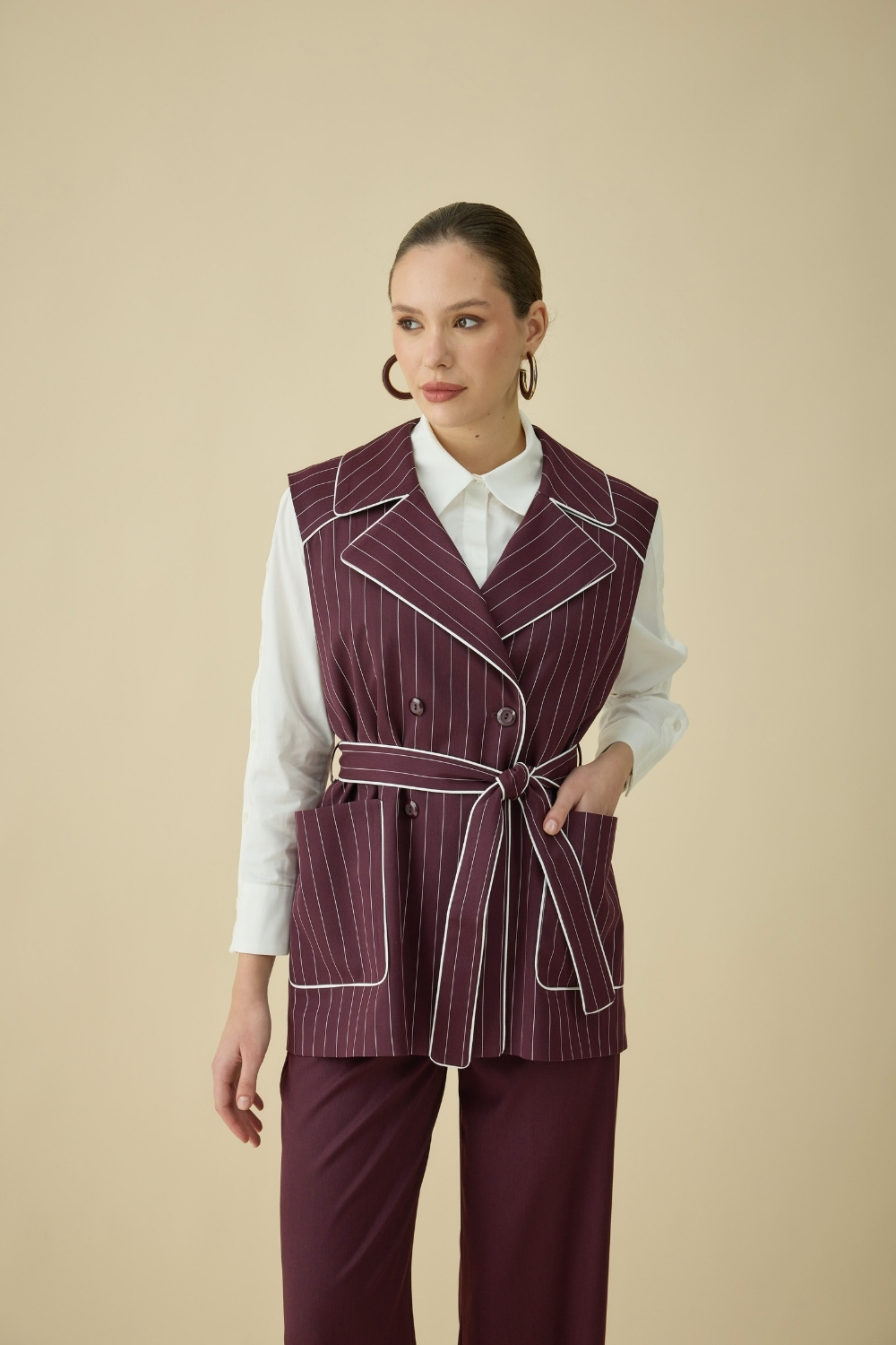ÇİZGİLİ YELEK TAKIM BORDO - 1