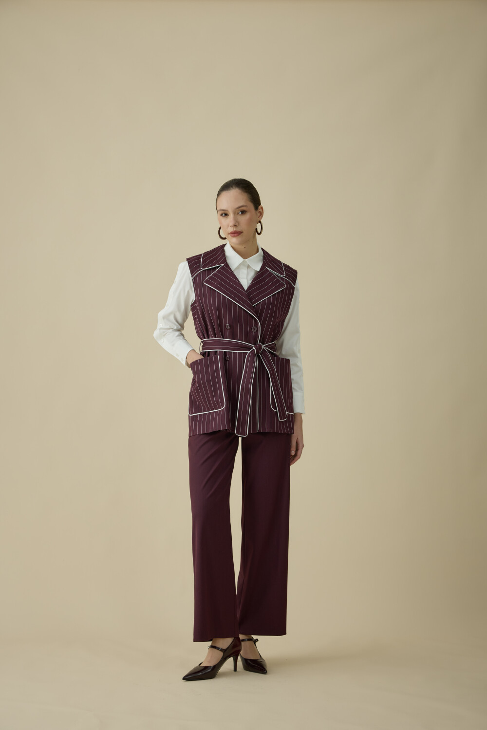 ÇİZGİLİ YELEK TAKIM BORDO - 4