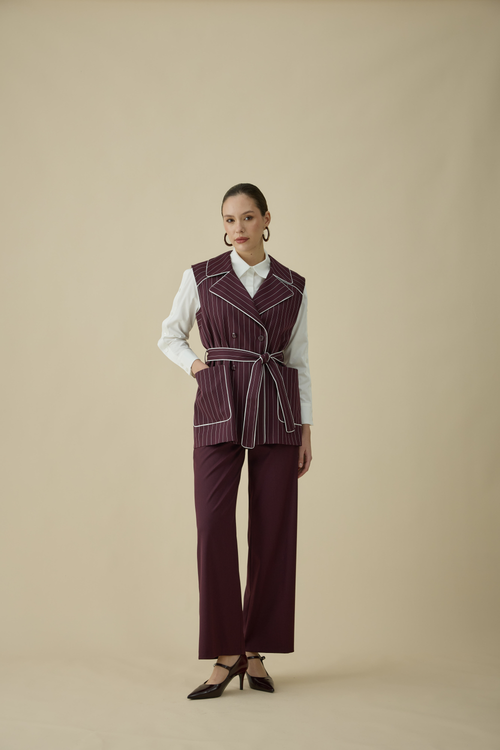 ÇİZGİLİ YELEK TAKIM BORDO - 4