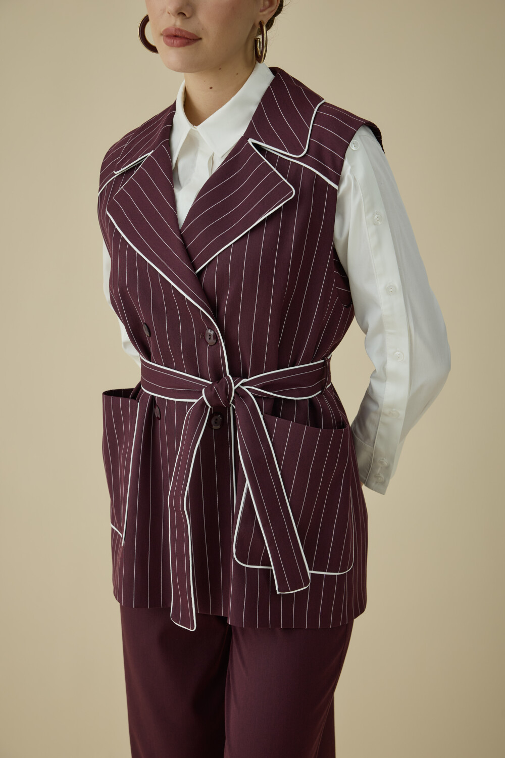 ÇİZGİLİ YELEK TAKIM BORDO - 5