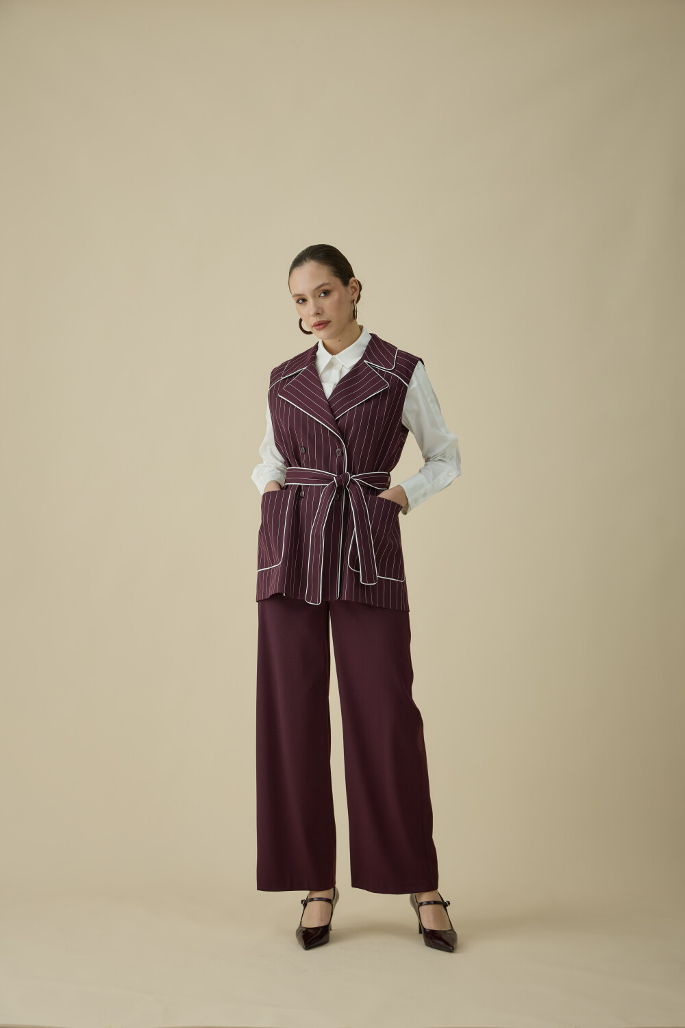 ÇİZGİLİ YELEK TAKIM BORDO - 6