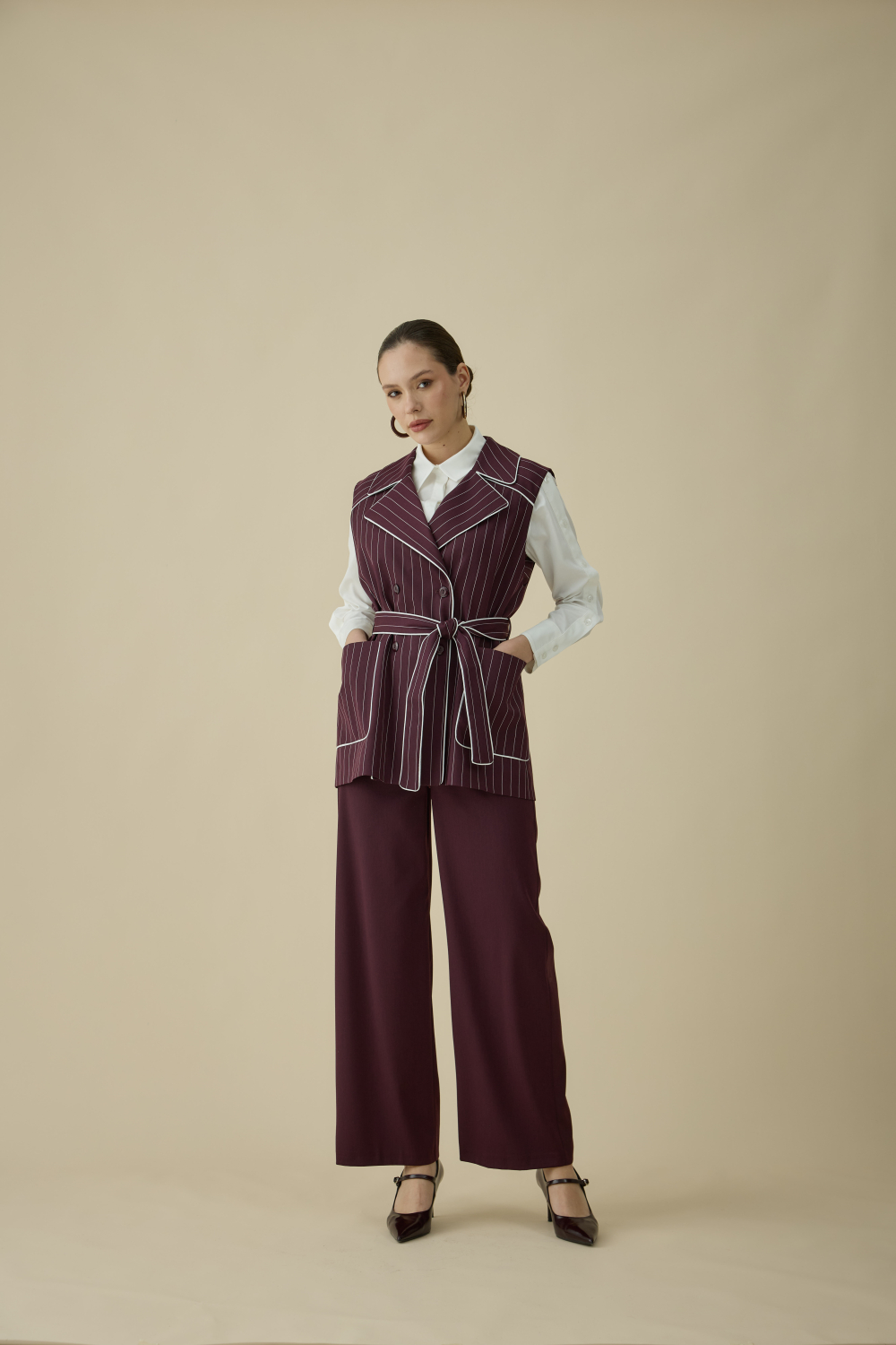 ÇİZGİLİ YELEK TAKIM BORDO - 6