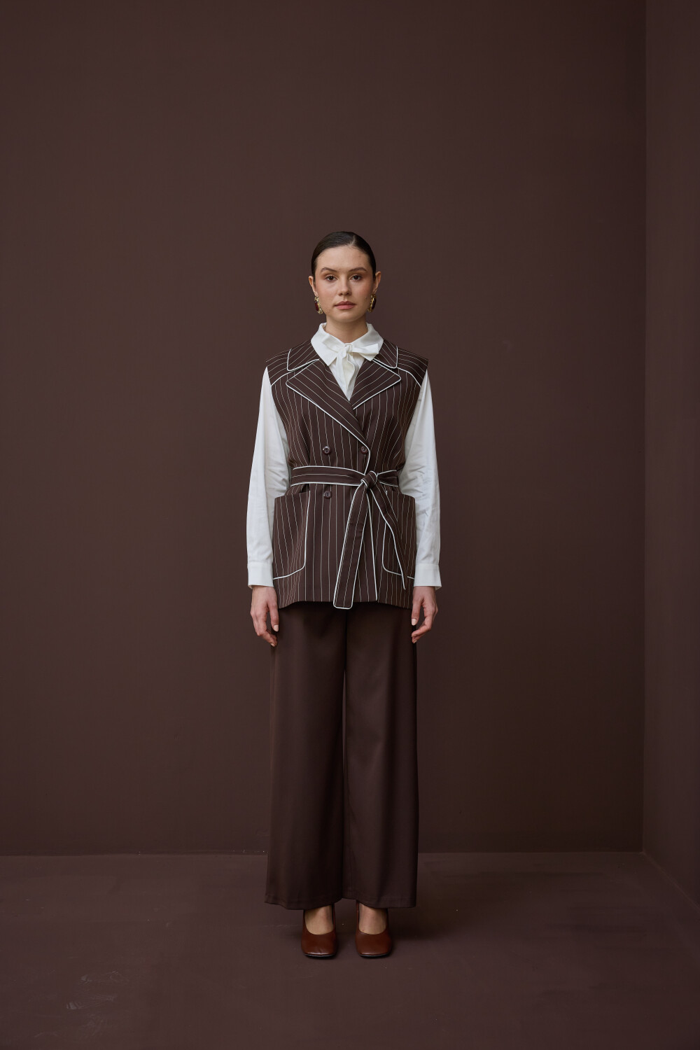 ÇİZGİLİ YELEK TAKIM KAHVE - 2