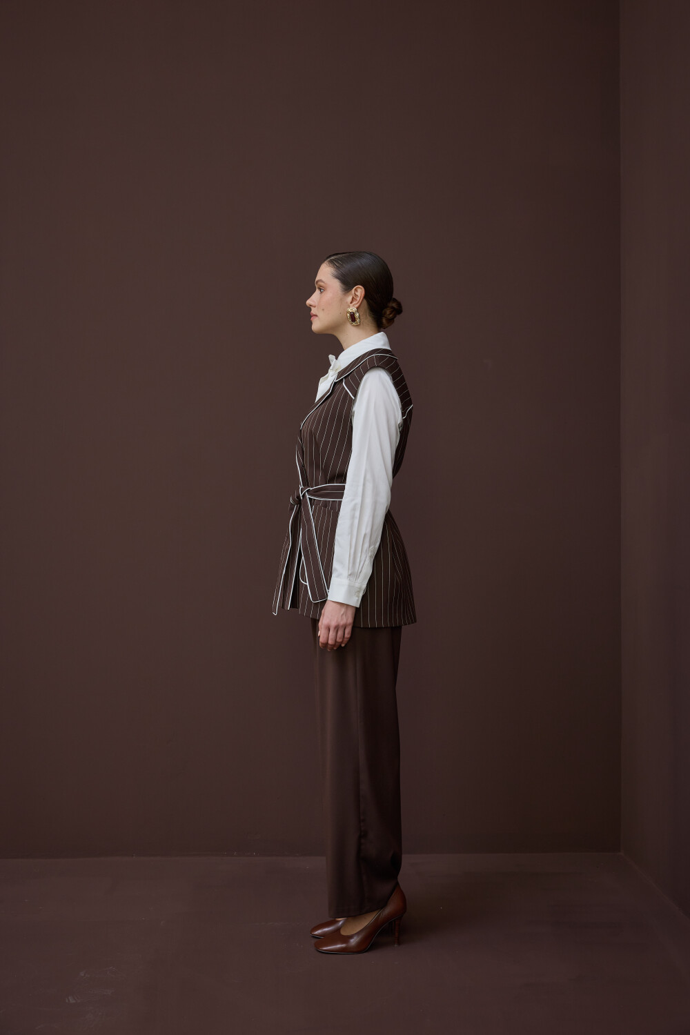 ÇİZGİLİ YELEK TAKIM KAHVE - 3