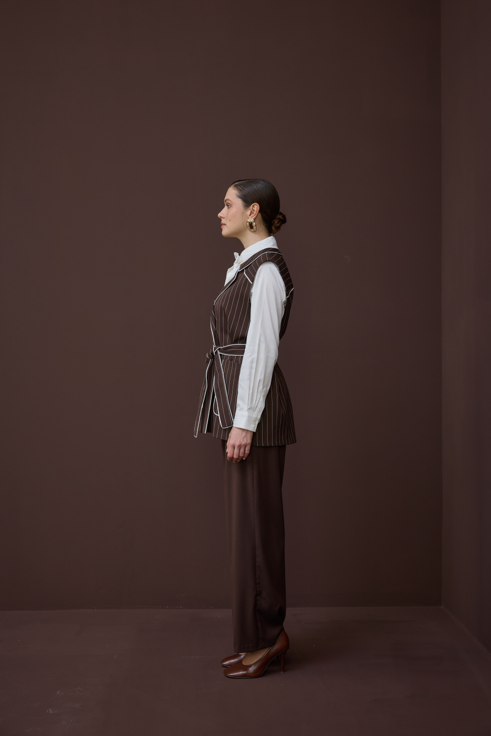 ÇİZGİLİ YELEK TAKIM KAHVE - 3