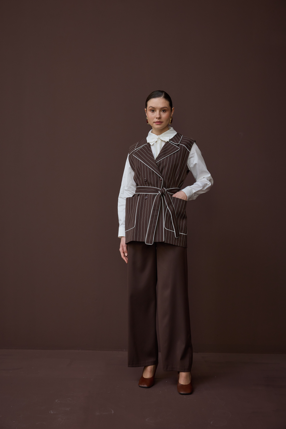 ÇİZGİLİ YELEK TAKIM KAHVE - 4