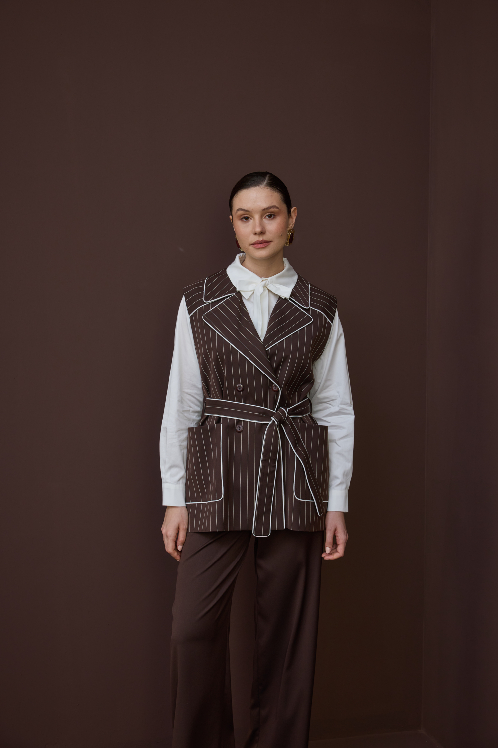 ÇİZGİLİ YELEK TAKIM KAHVE - 5