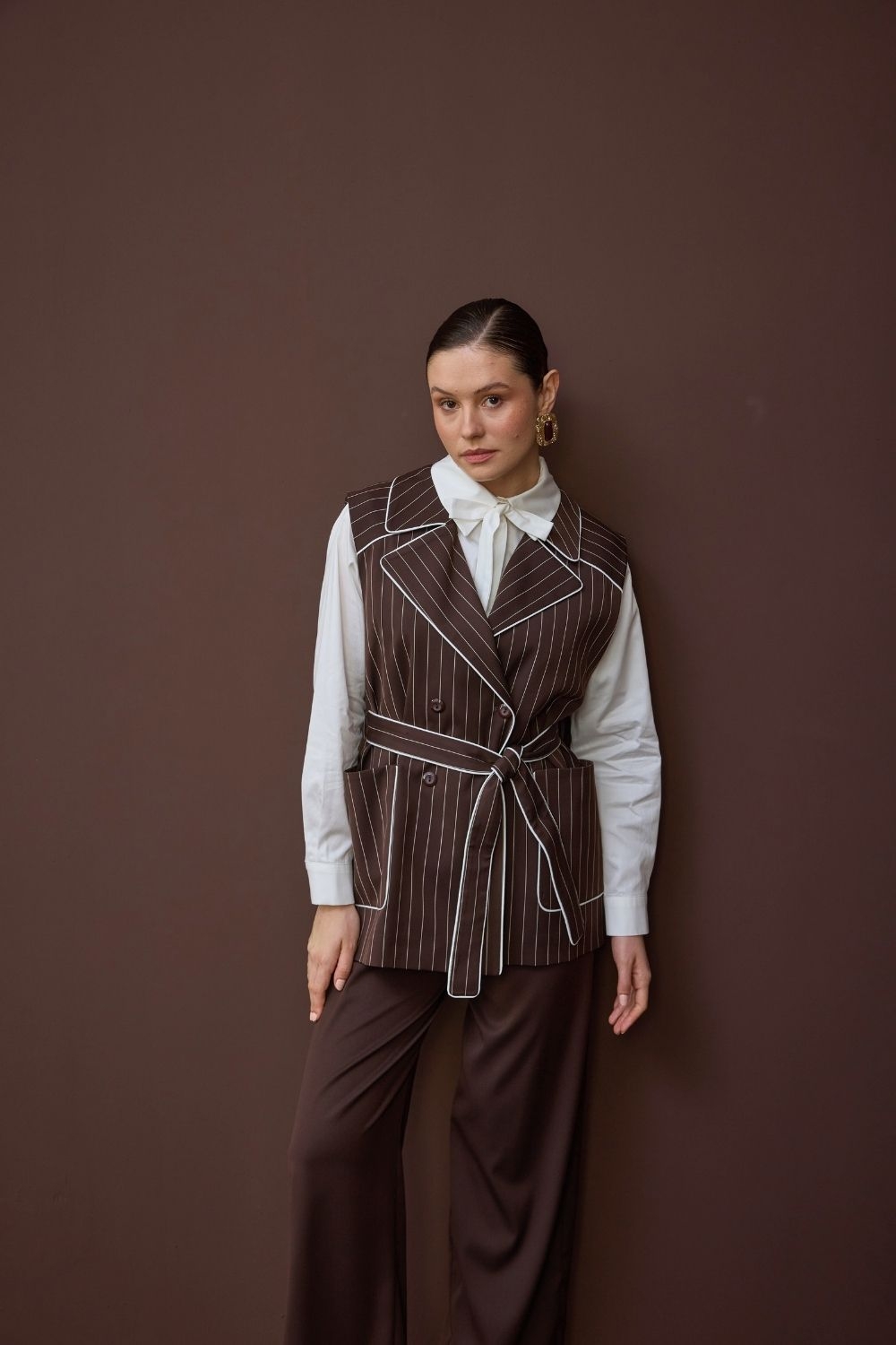 ÇİZGİLİ YELEK TAKIM KAHVE - 1