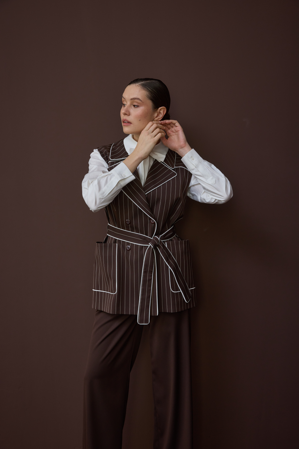 ÇİZGİLİ YELEK TAKIM KAHVE - 6