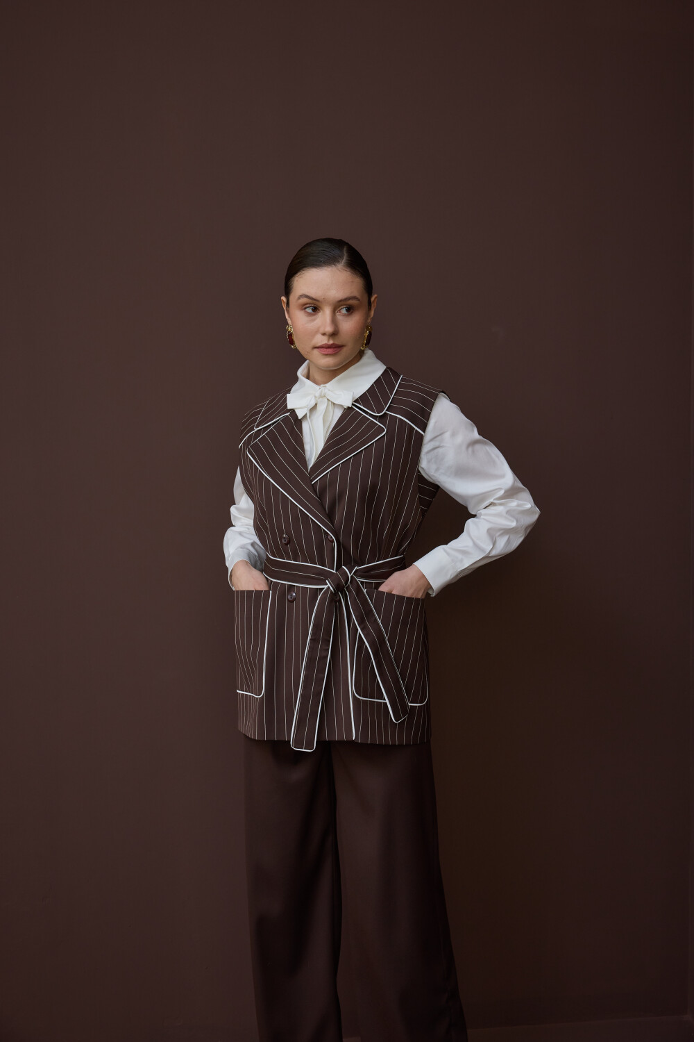 ÇİZGİLİ YELEK TAKIM KAHVE - 8