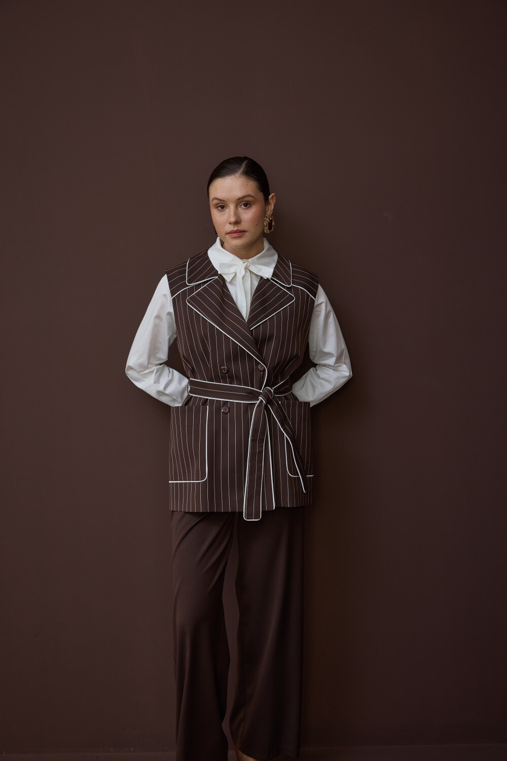 ÇİZGİLİ YELEK TAKIM KAHVE - 9