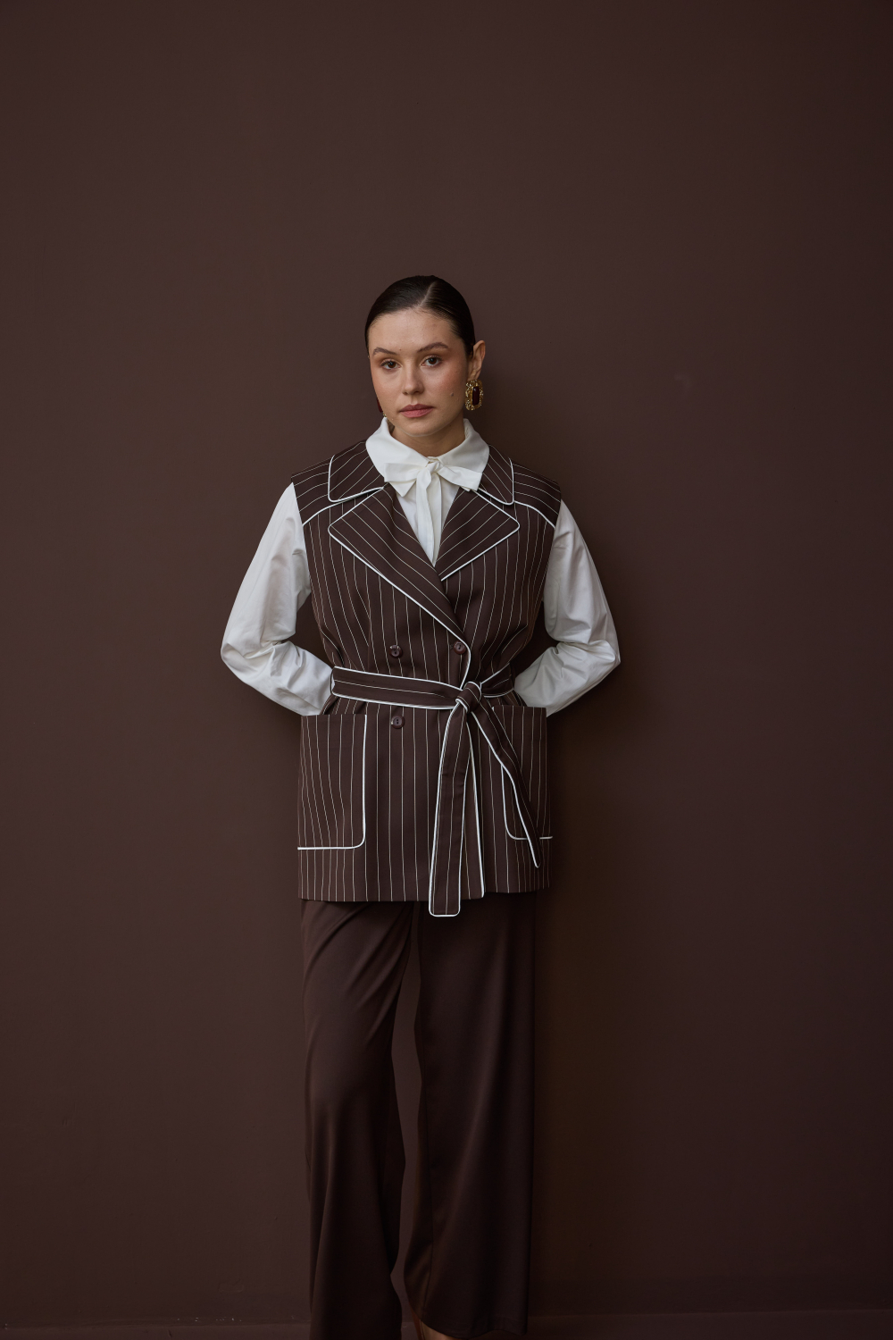 ÇİZGİLİ YELEK TAKIM KAHVE - 9